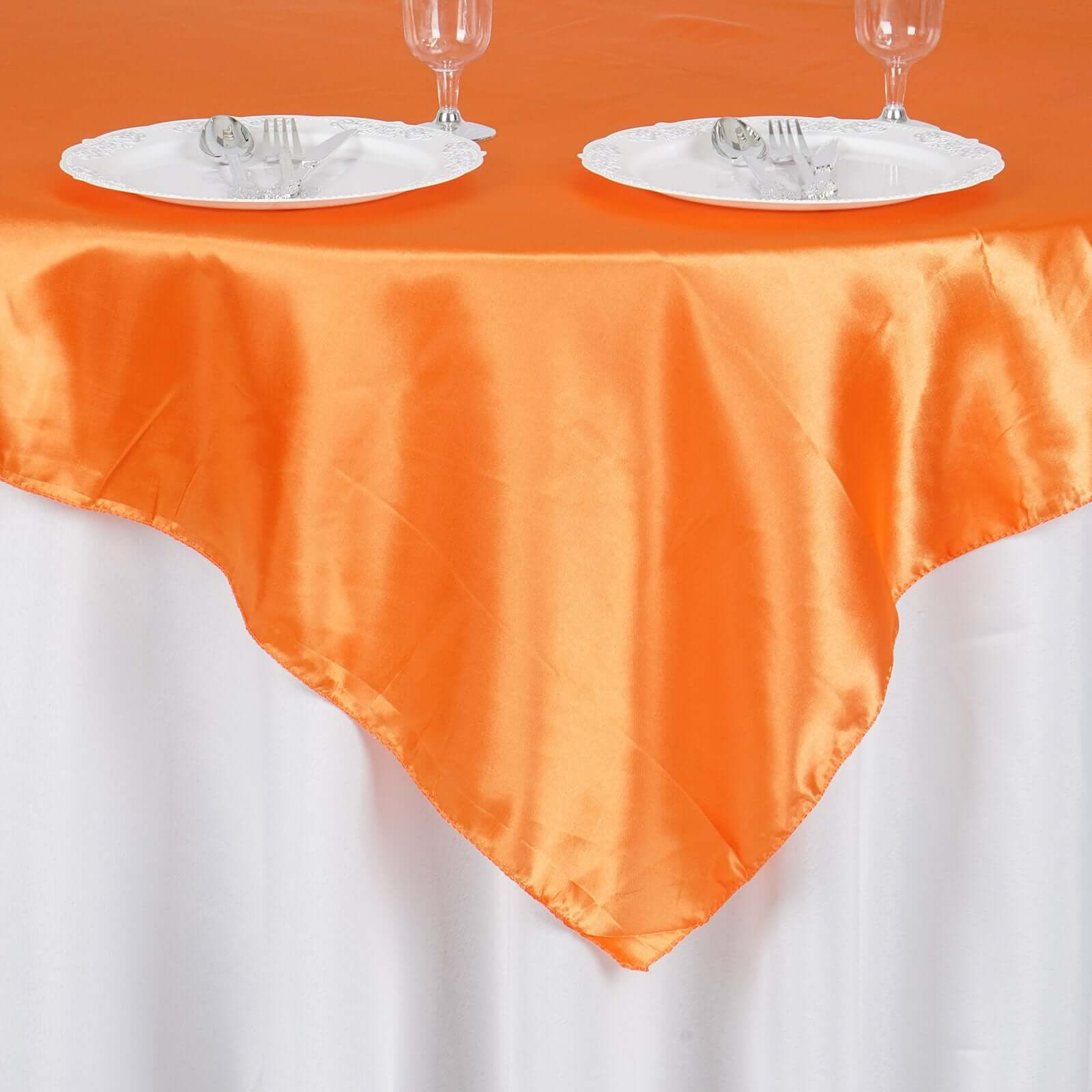 Hot Deal! Orange Satin 60x60 Square Table Overlay with Smooth Silky Touch