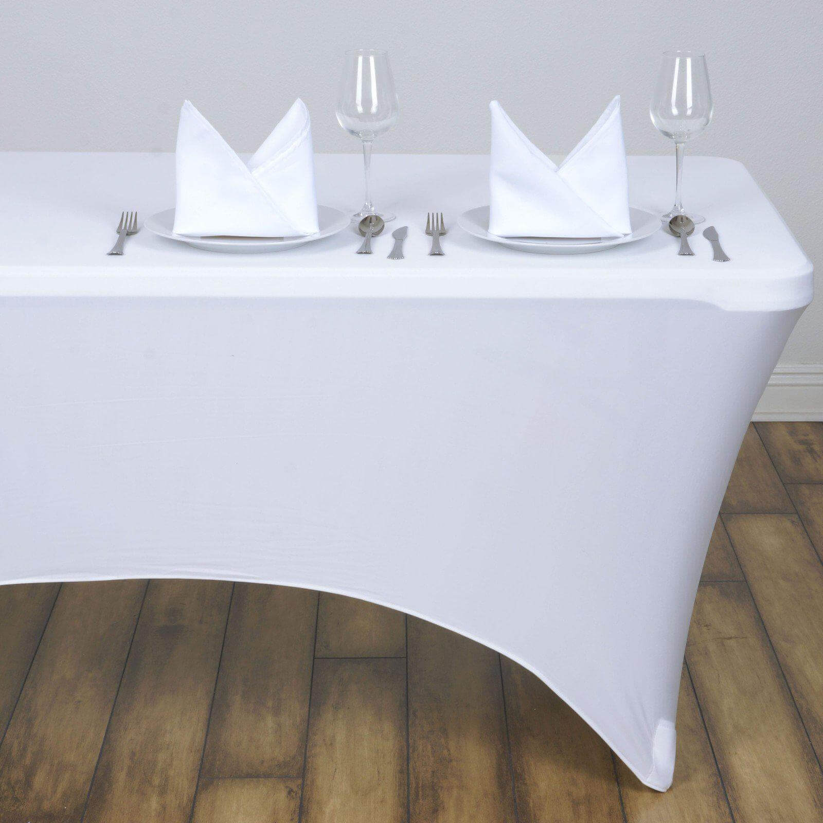 Premium White Stretch Spandex 48x30 Rectangle Tablecloth - Ideal for Events & Presentations
