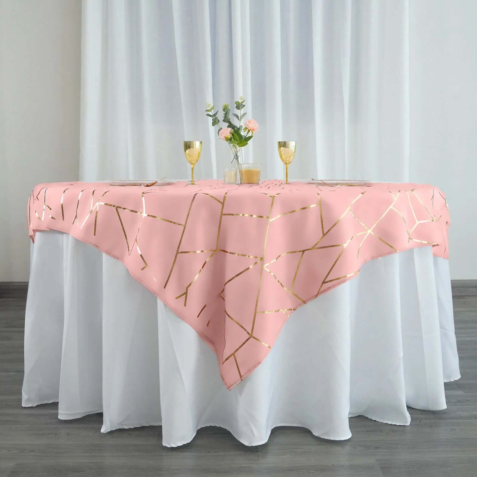 Hot! Wrinkle-Resistant Dusty Rose Polyester Table Overlay with Gold Foil Pattern