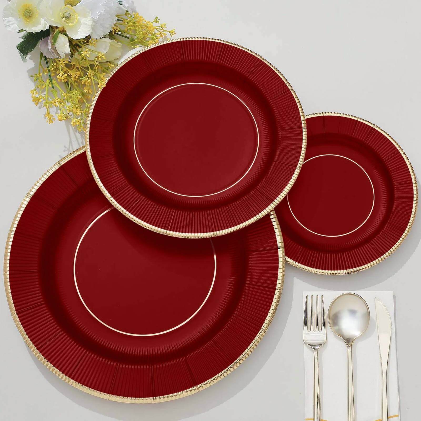 25-Pack Disposable Heavy Duty 350GSM Paper Round Dinner Plates in Burgundy Sunray Design with Gold Rim - Perfect for Parties