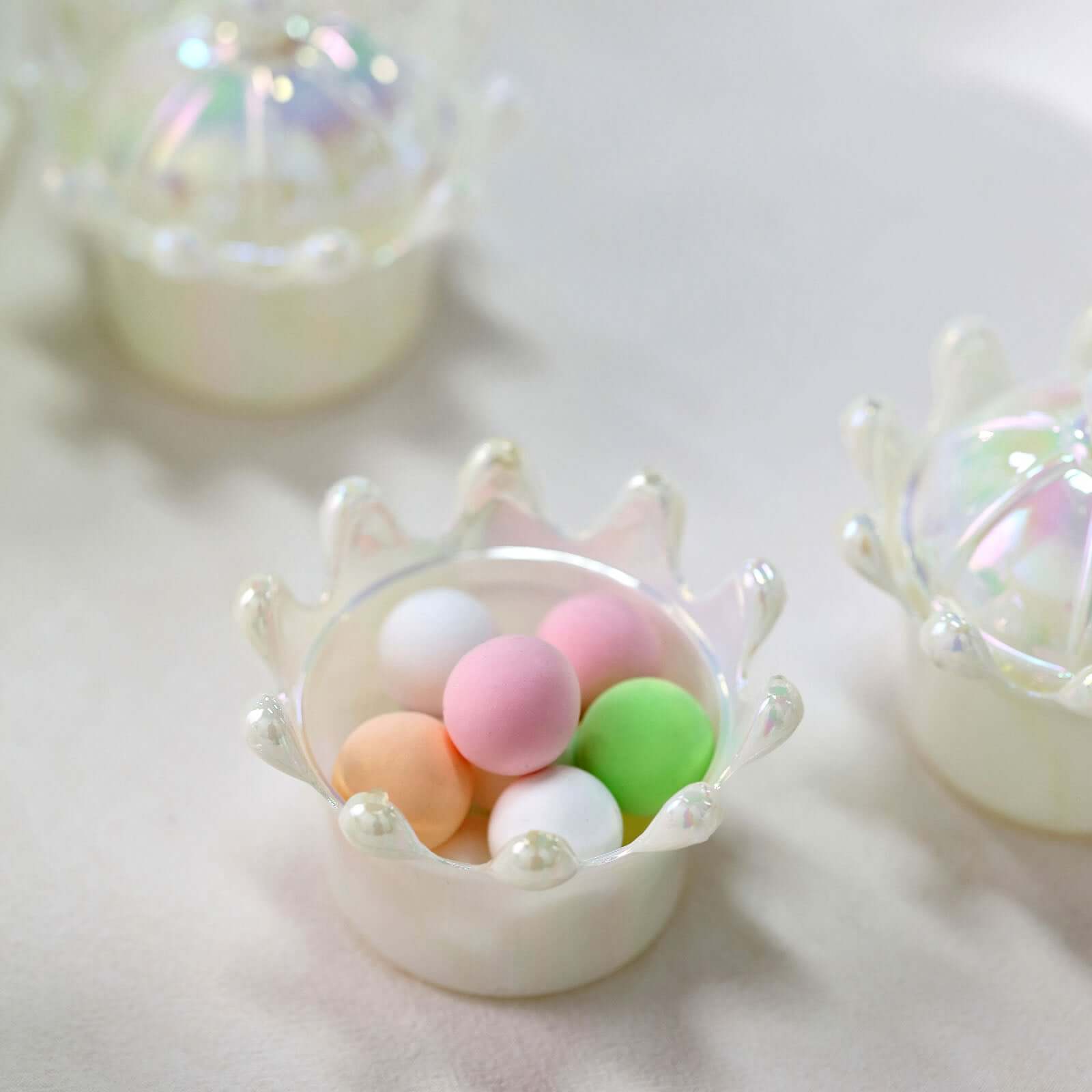 12-Pack White Mini Crown Treat Favor Boxes with Iridescent Dome Lids - Perfect for Parties!