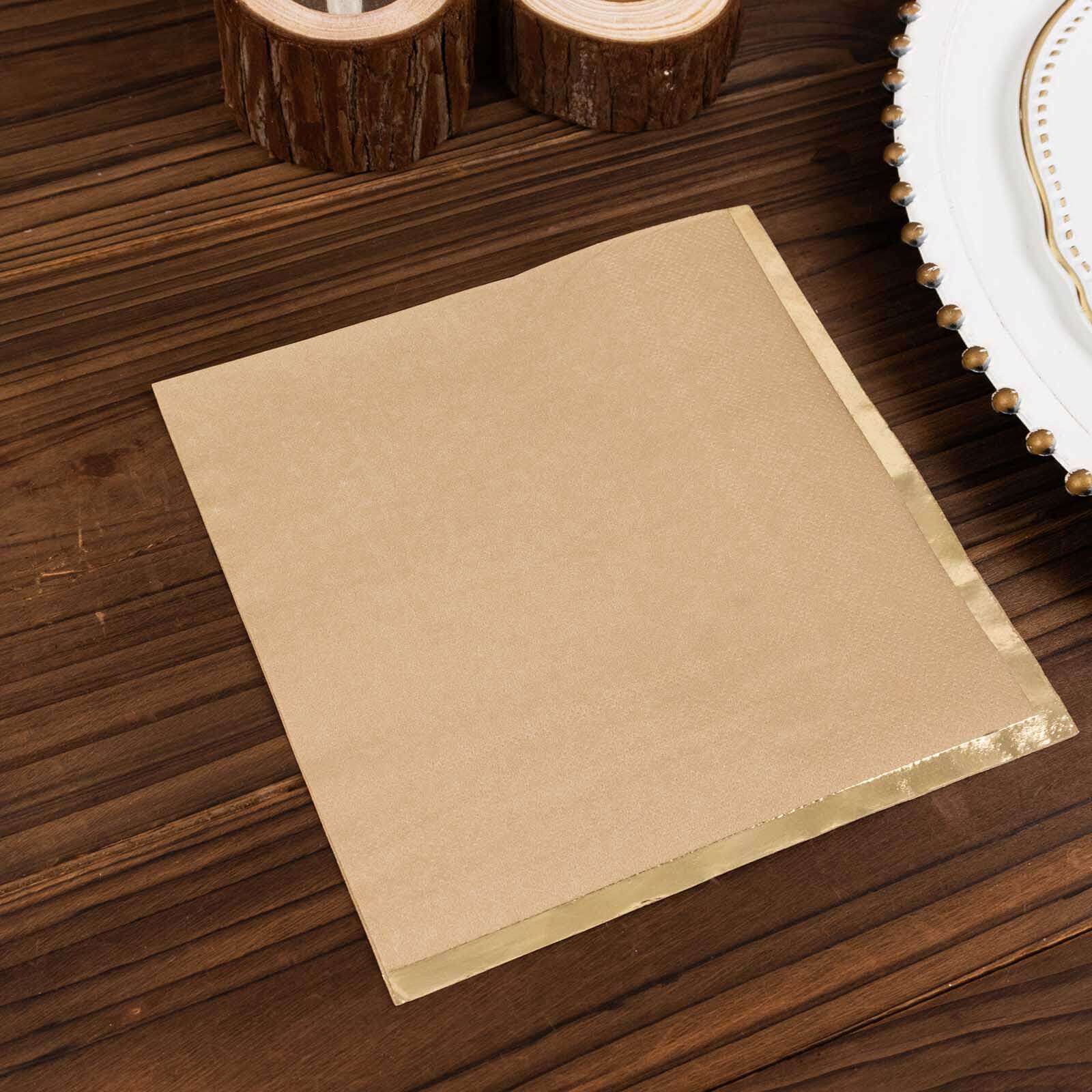 50-Pack Disposable 2-Ply Gold Foil Edge Natural Paper Beverage Napkins for Events
