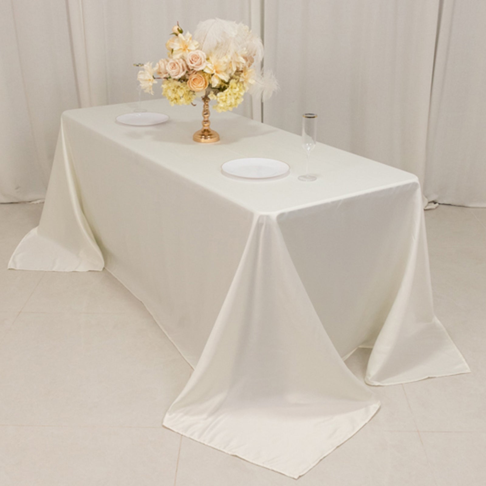 Ivory Lamour Satin Rectangle Tablecloth 90x132 - Soft, Silk - like & Seamless