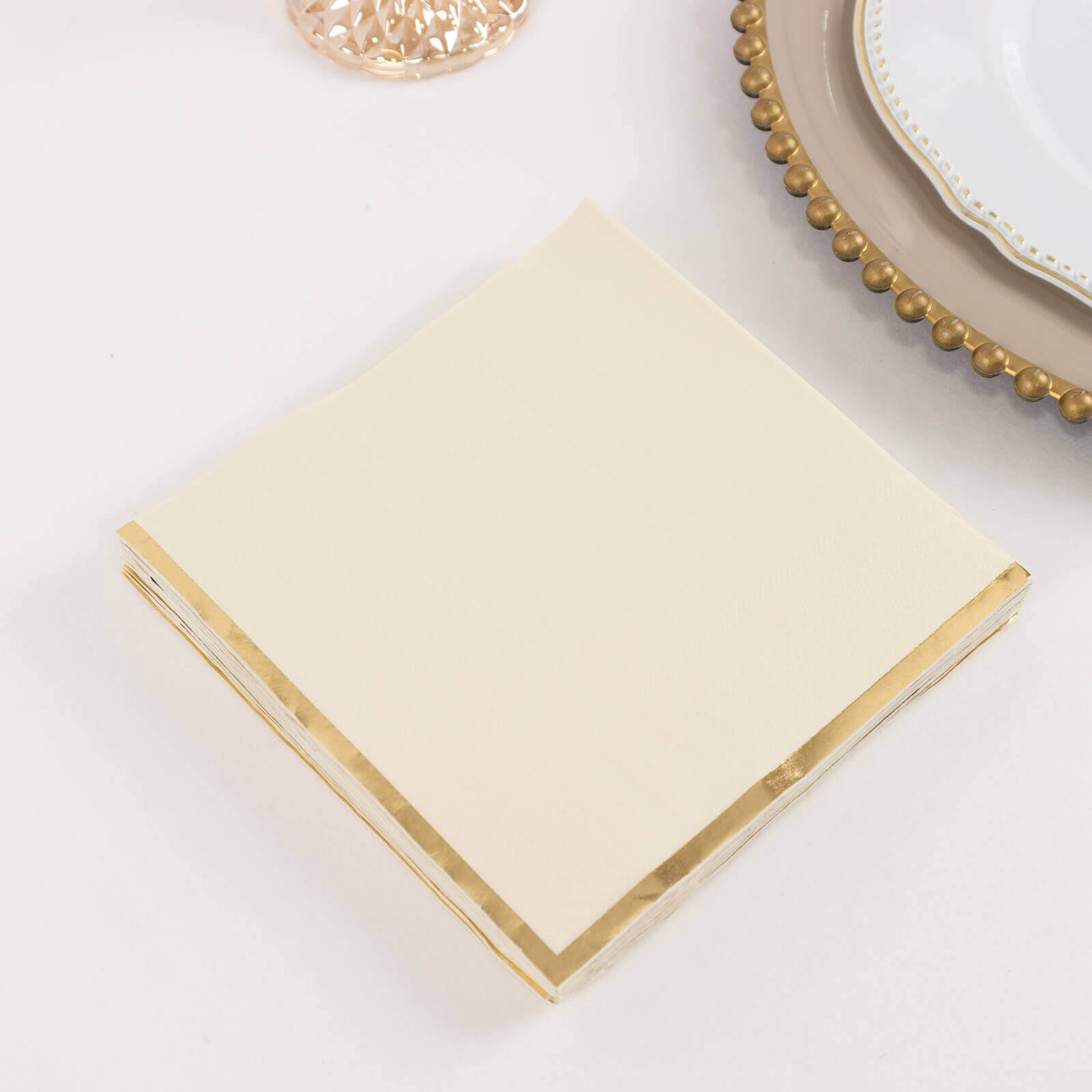 Hot Deal! 50-Pack Disposable 2-Ply Ivory Cocktail Paper Napkins with Gold Foil Edge, 6.5x6.5