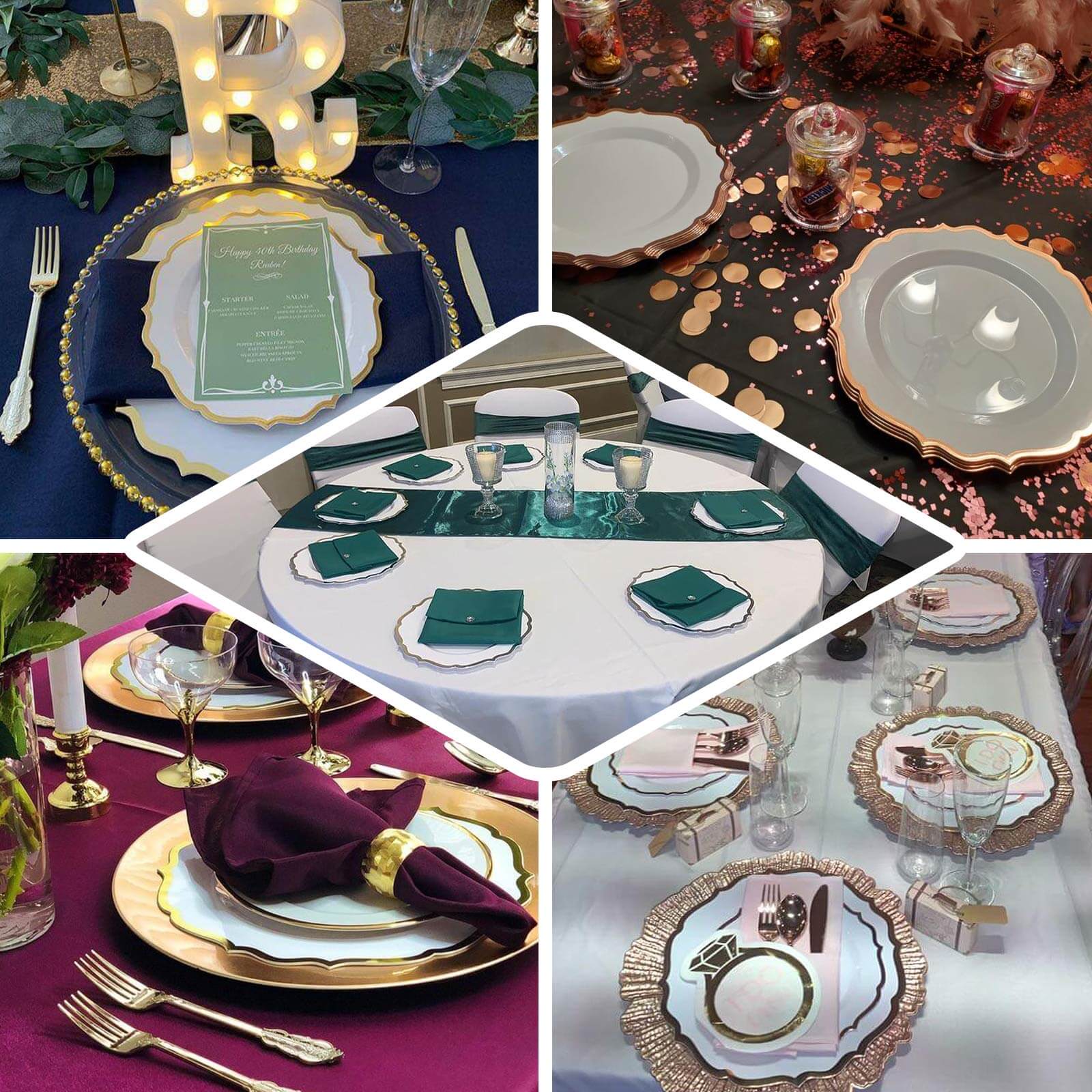 10-Piece Set of Disposable Burgundy Plastic Round Desert Plates with Gold Scalloped Rim, 8-Inch