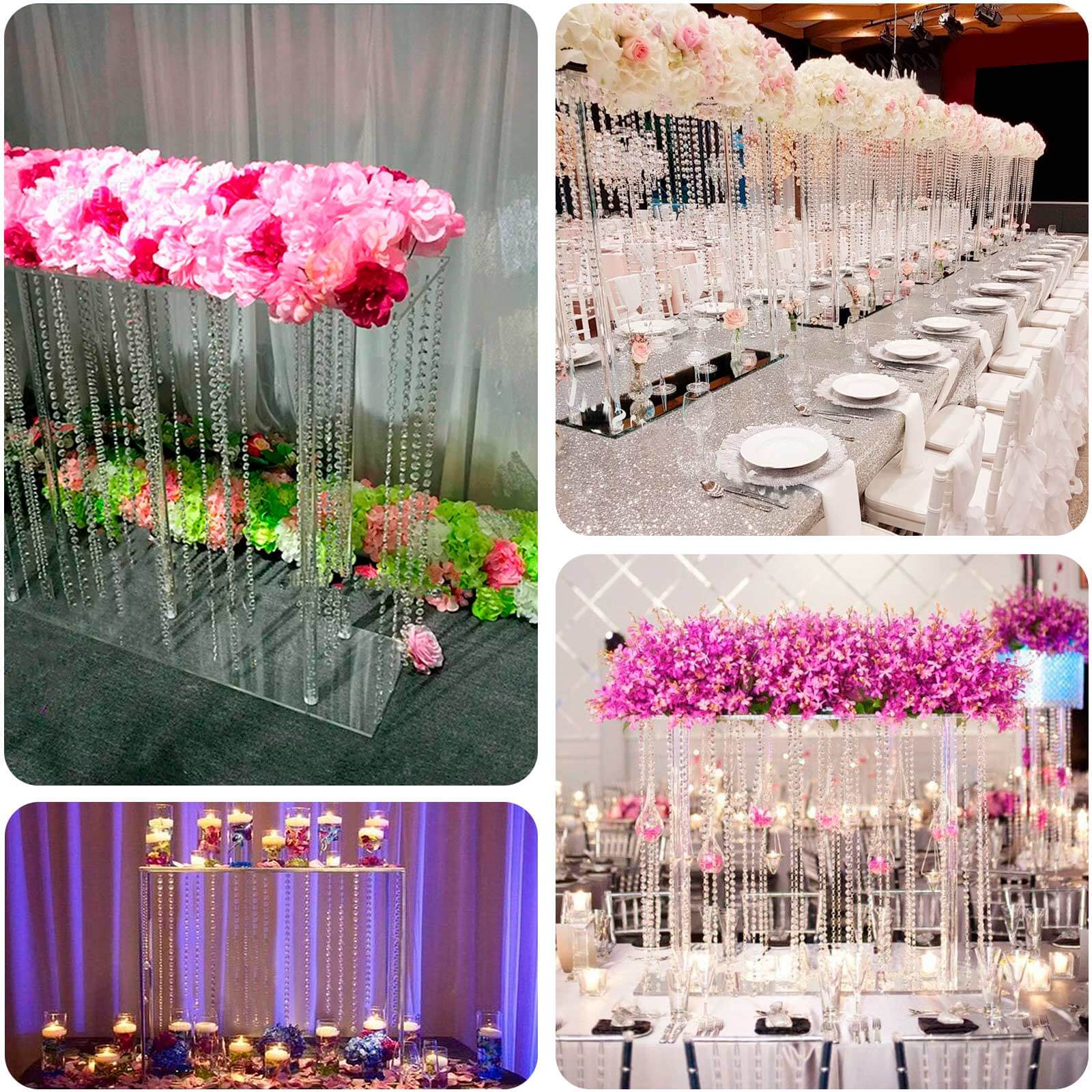 Clear Acrylic Rectangular Centerpiece Stand with Pre - chained Crystal Beads - Durable 40x40 Flower Pedestal