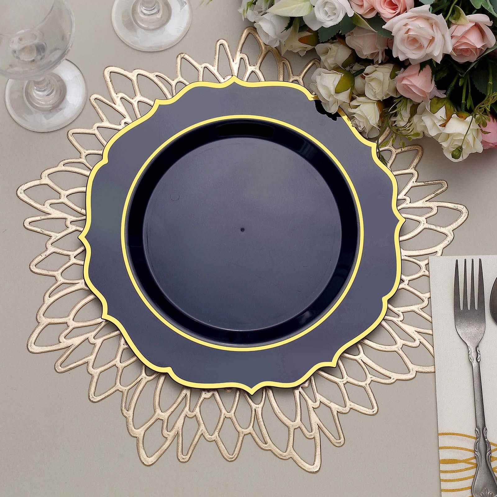10-Pack Disposable Navy Blue Plastic Round Dinner Plates with Gold Scalloped Rims - Ideal for Parties
