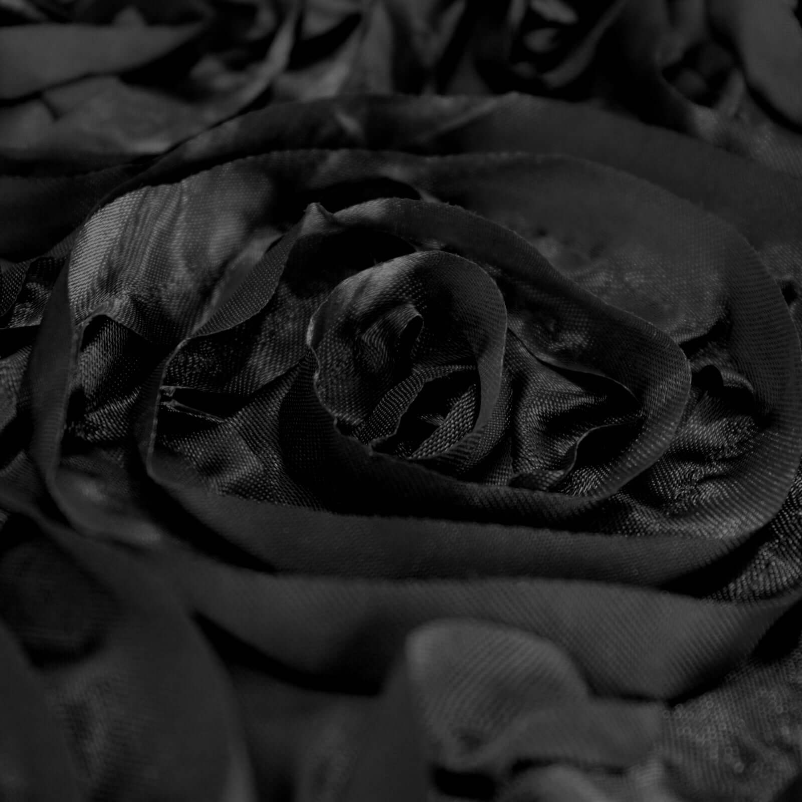 Black Satin Rectangle Tablecloth (90x132) with Stunning 3D Rosette Design for Elegant Gatherings