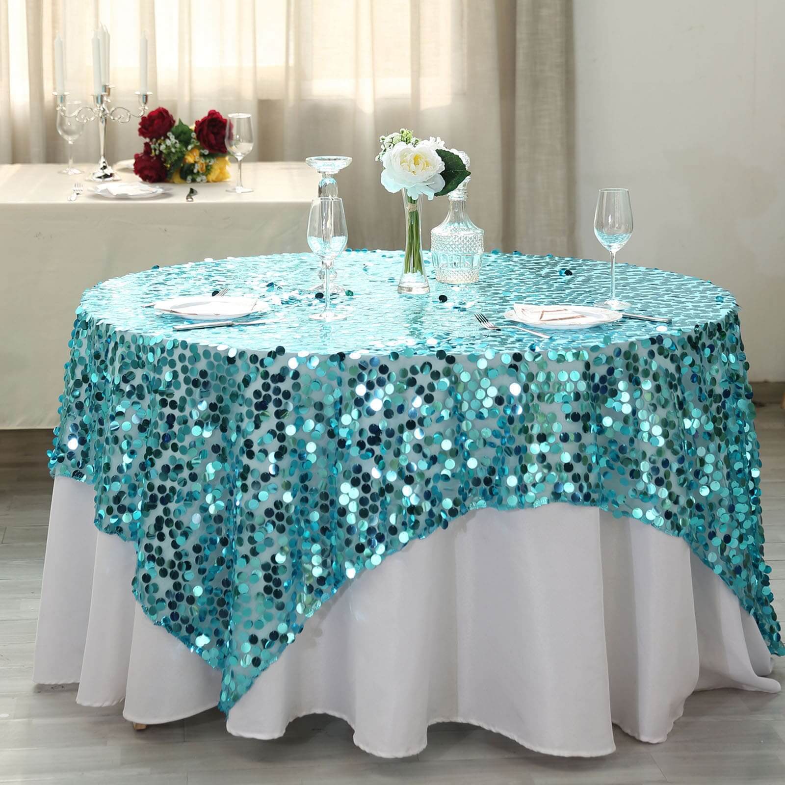 Big Sale! Turquoise Sequin Square Table Overlay, 72x72 Inches for Table Decoration
