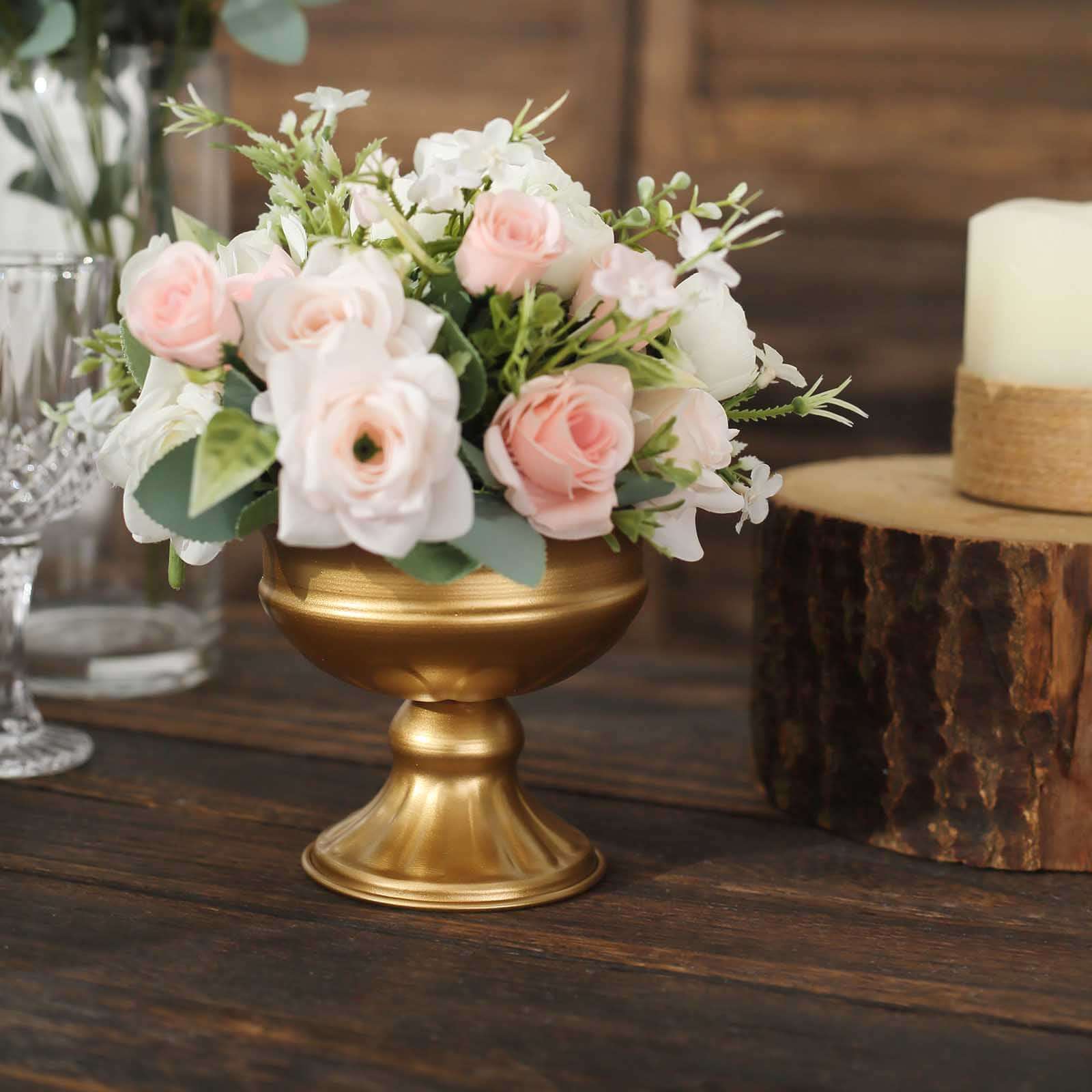 2-Pack Antique Gold Metal Wine Goblet Style Mini Compote Flower Vases for Elegant Wedding Centerpieces