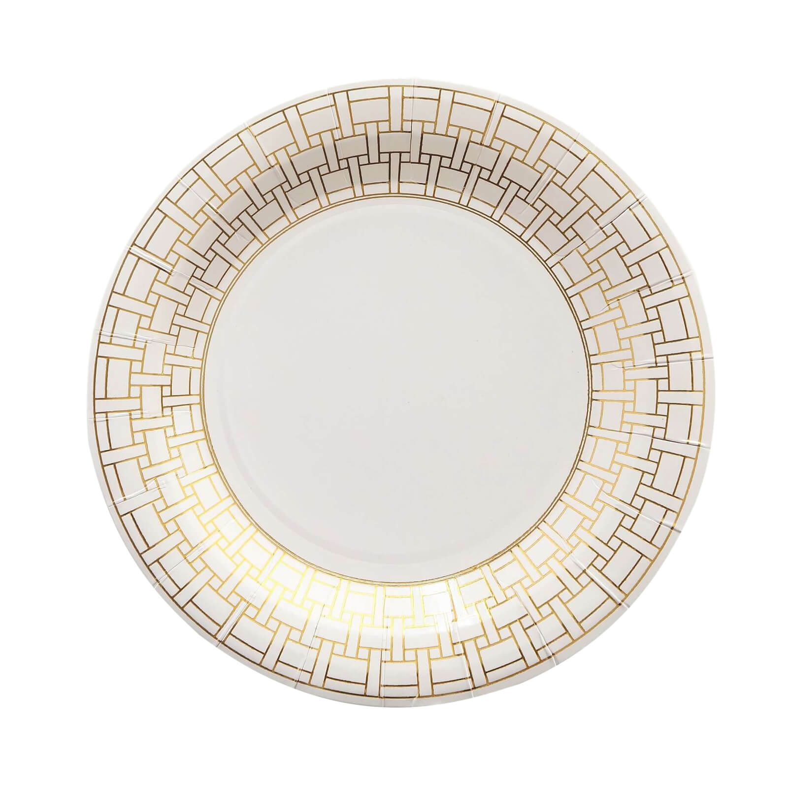 Get 25-Pack of Disposable 9-Inch White Paper Dinner Plates with Gold Basketweave Rim for Elegant Parties