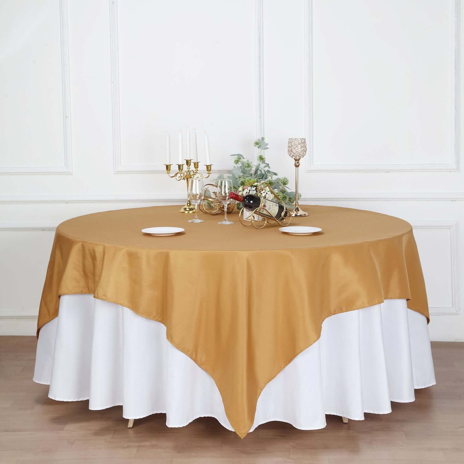 Gold 90x90 Square Polyester Table Overlay - Wrinkle-Resistant & Durable for Events