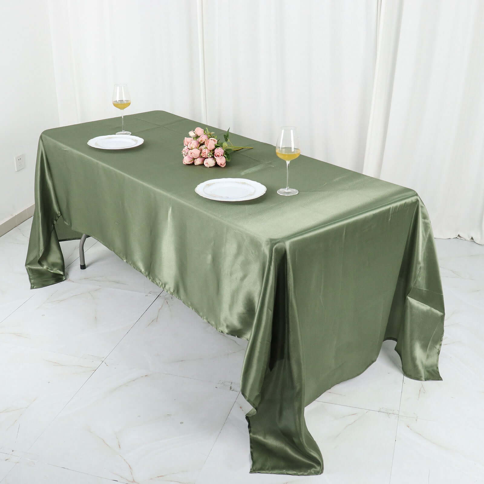 Dusty Sage Green Satin Tablecloth 60x126 - Lustrous and Wrinkle-Resistant