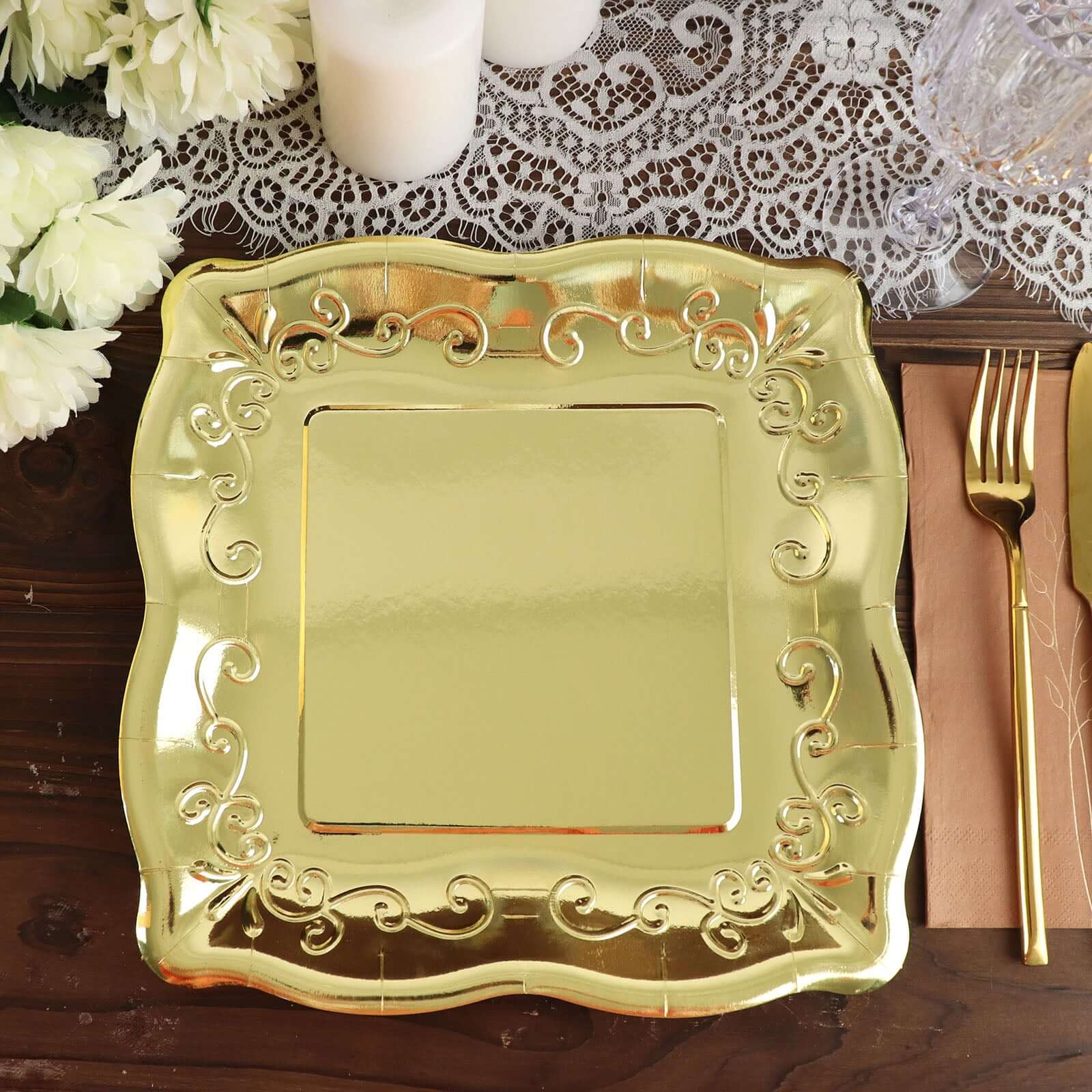 25-Pack Disposable Gold Square Dinner Plates with Vintage Pottery Embossed Design for Glamorous Events