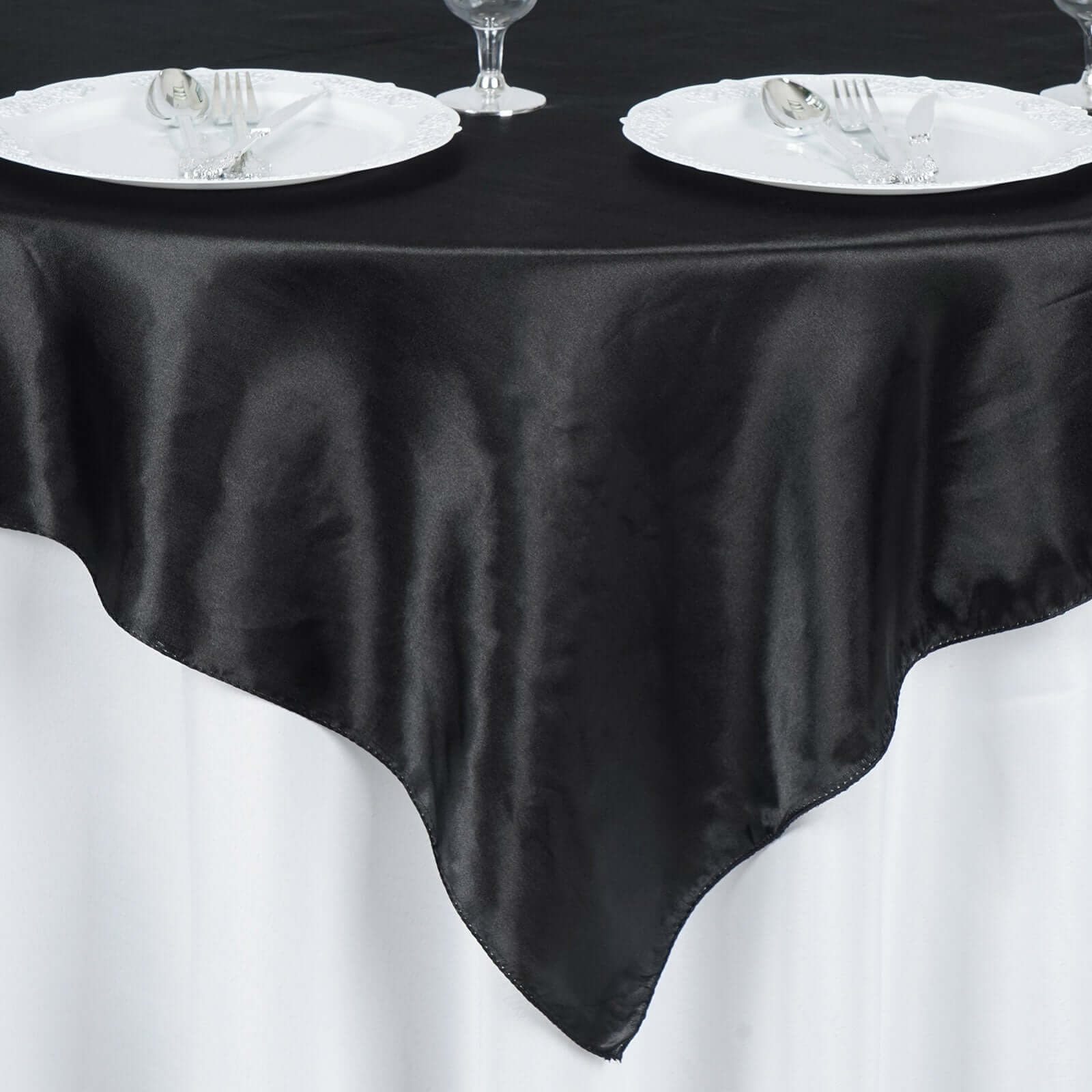 Black Satin 60x60 Square Table Overlay - Smooth & Silky for Elegant Events