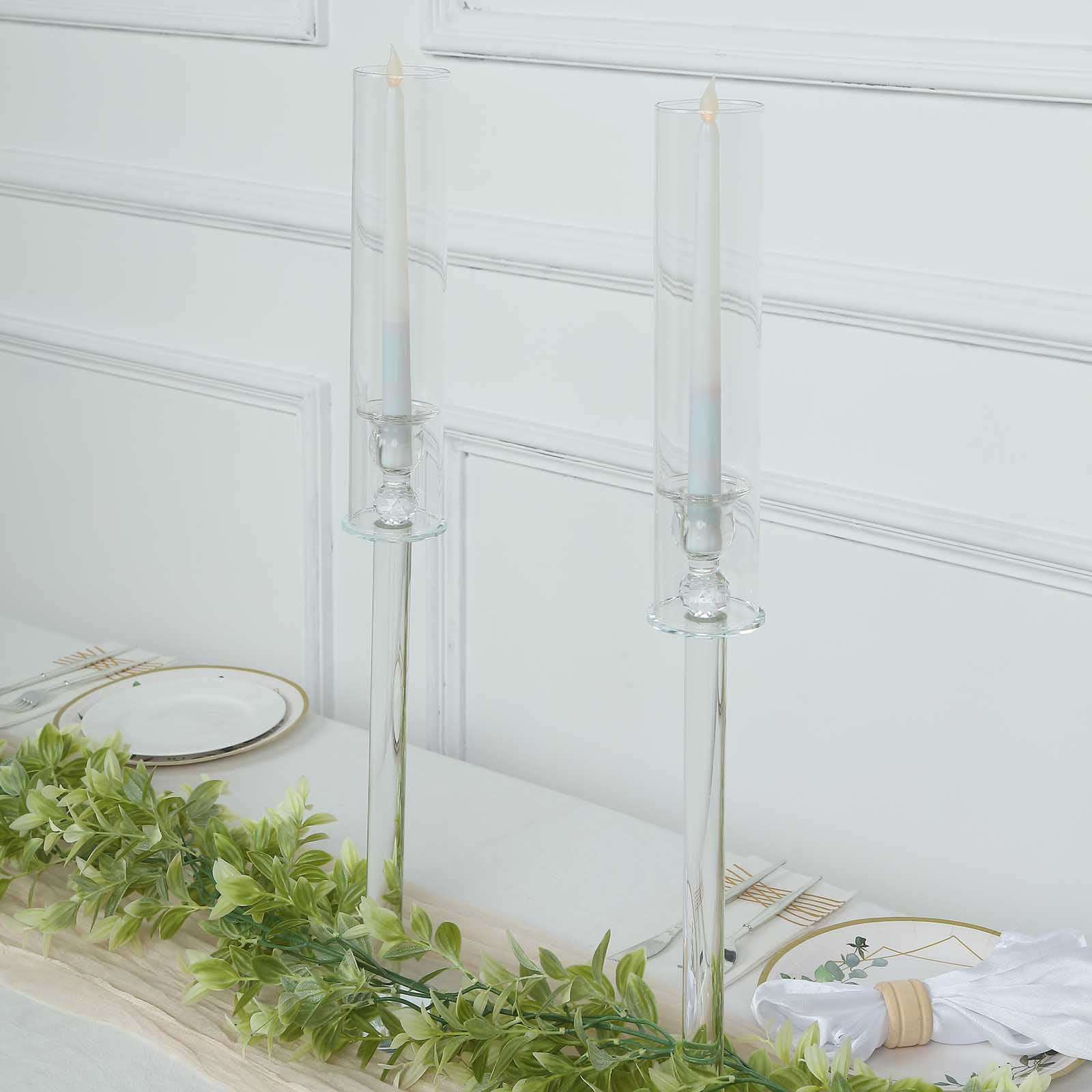 2-Pack Tall Clear Crystal Glass Hurricane Taper Candle Holders, Decorative 26-Inch Stands