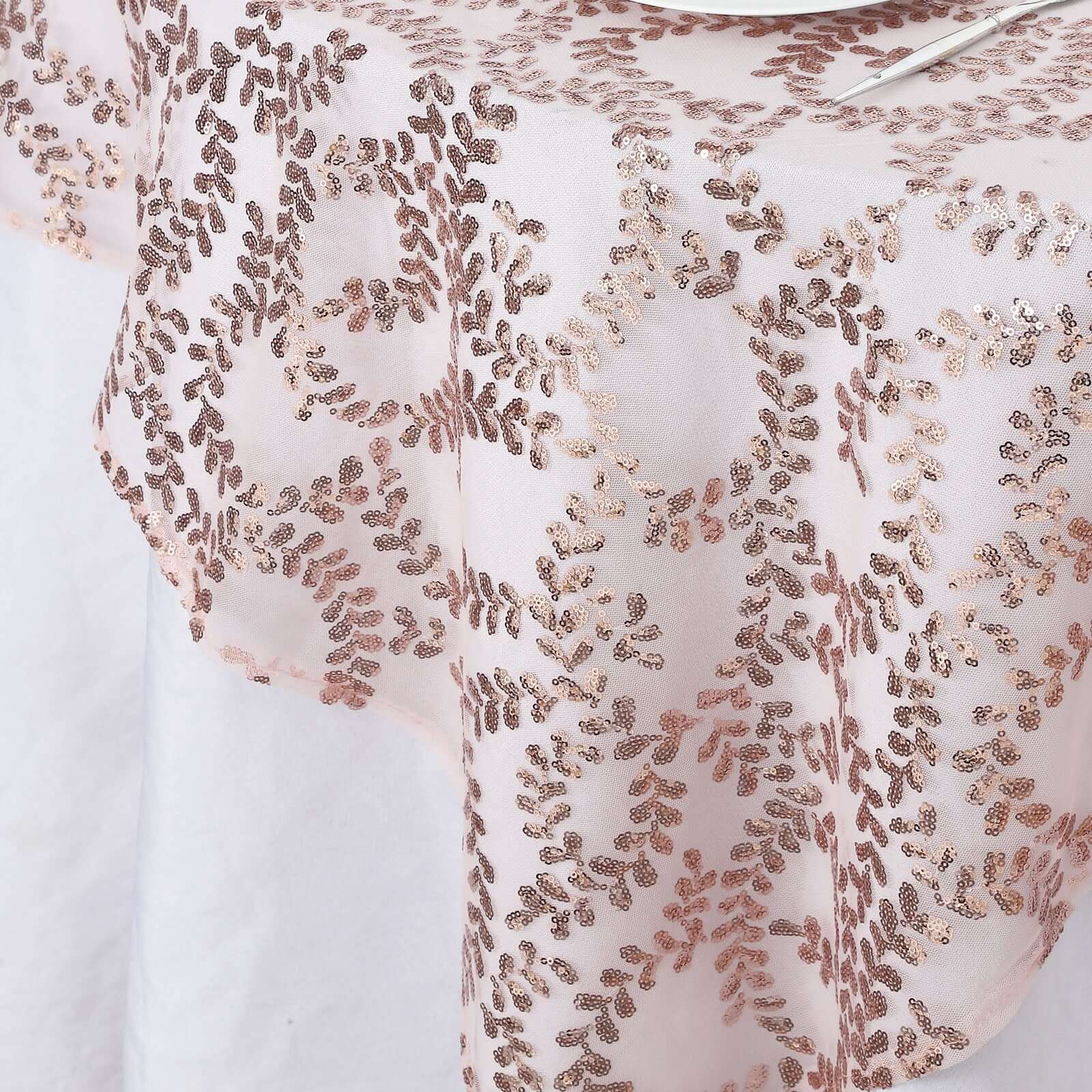 Hot Deal! Rose Gold Sequin Leaf Embroidered 72x72 Tulle Square Table Overlay