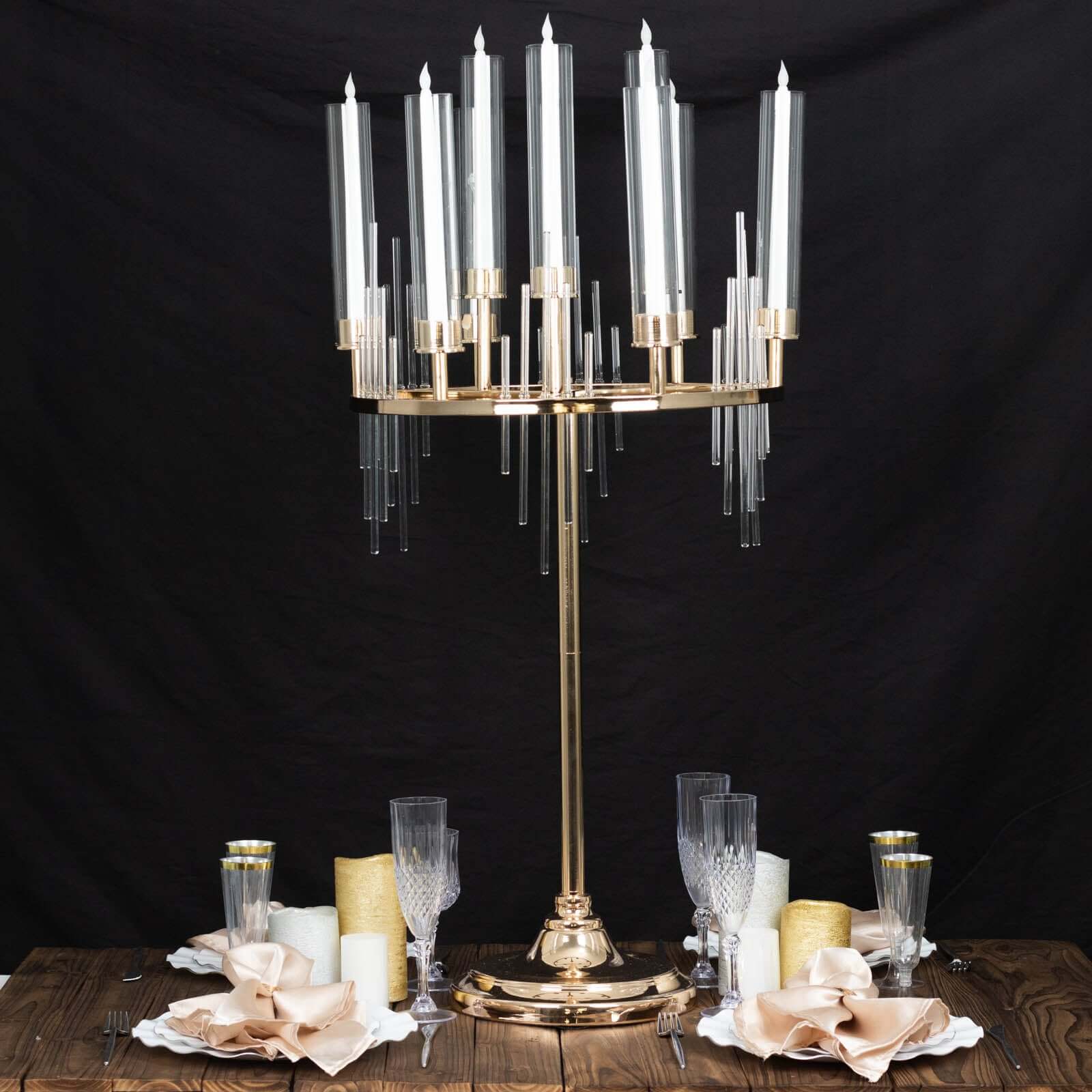 Gold 9-Arm Round Cluster Taper Candelabra Table Centerpiece with Drip Accents and Glass Shades