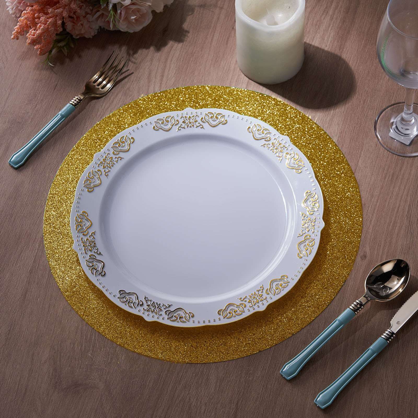 Hot Sale! 6-Pack Gold Glitter Round Non-Slip Placemats, 13" Diameter