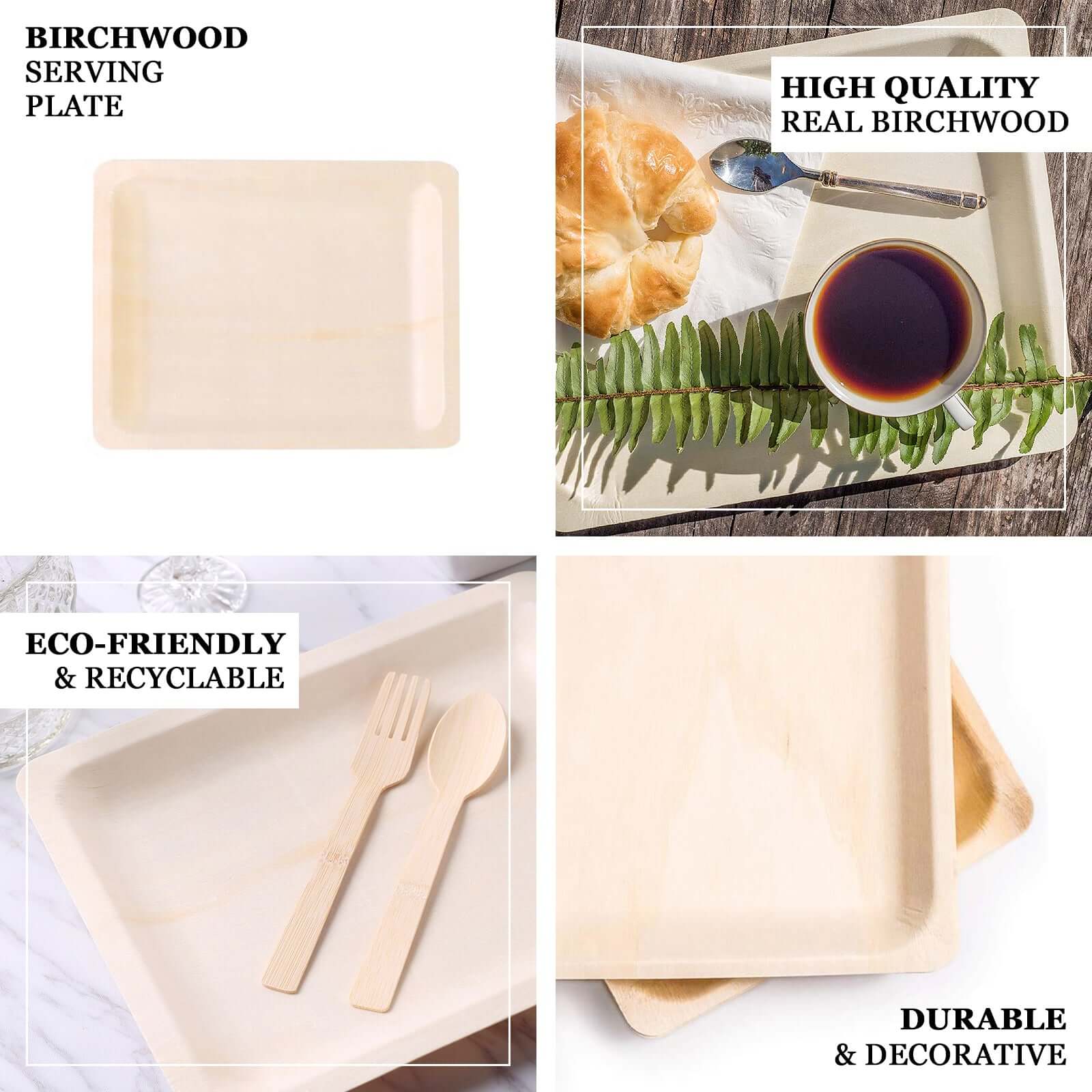 12-Pack Natural Birchwood 8x10 Rectangle Disposable Dinner Plates - Ideal for Farmhouse Events