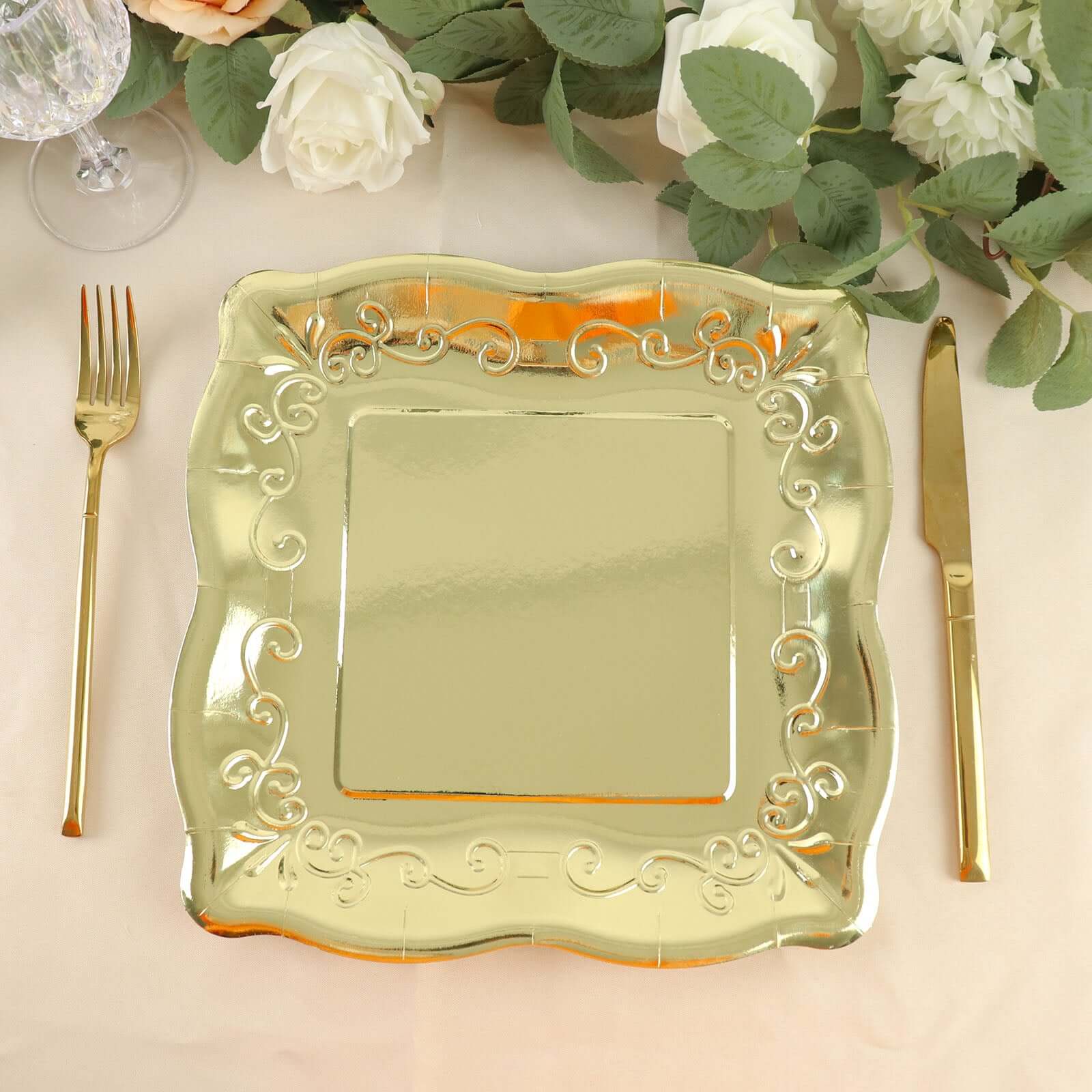 25-Pack Disposable Gold Square Dinner Plates with Vintage Pottery Embossed Design for Glamorous Events