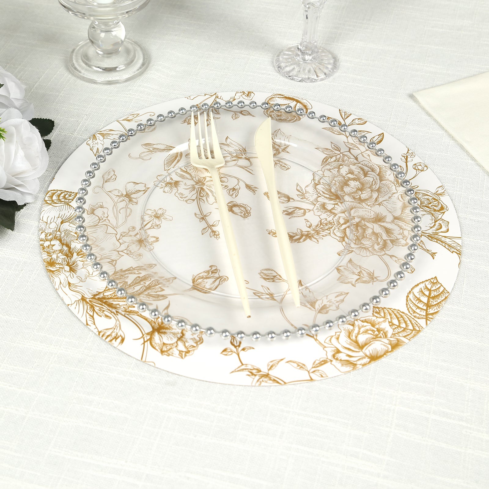 6-Piece Disposable White/Gold French Toile Print Cardboard Placemats, 13-Inch