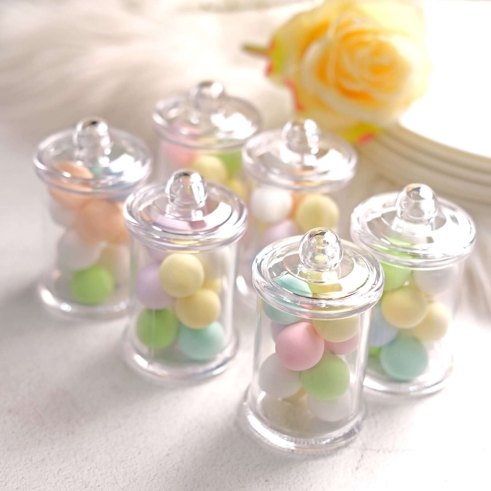 Hot Sale! 12-Pack Disposable Plastic Candy Jars with Clear Lids for Party Favors, 3.5 Inches