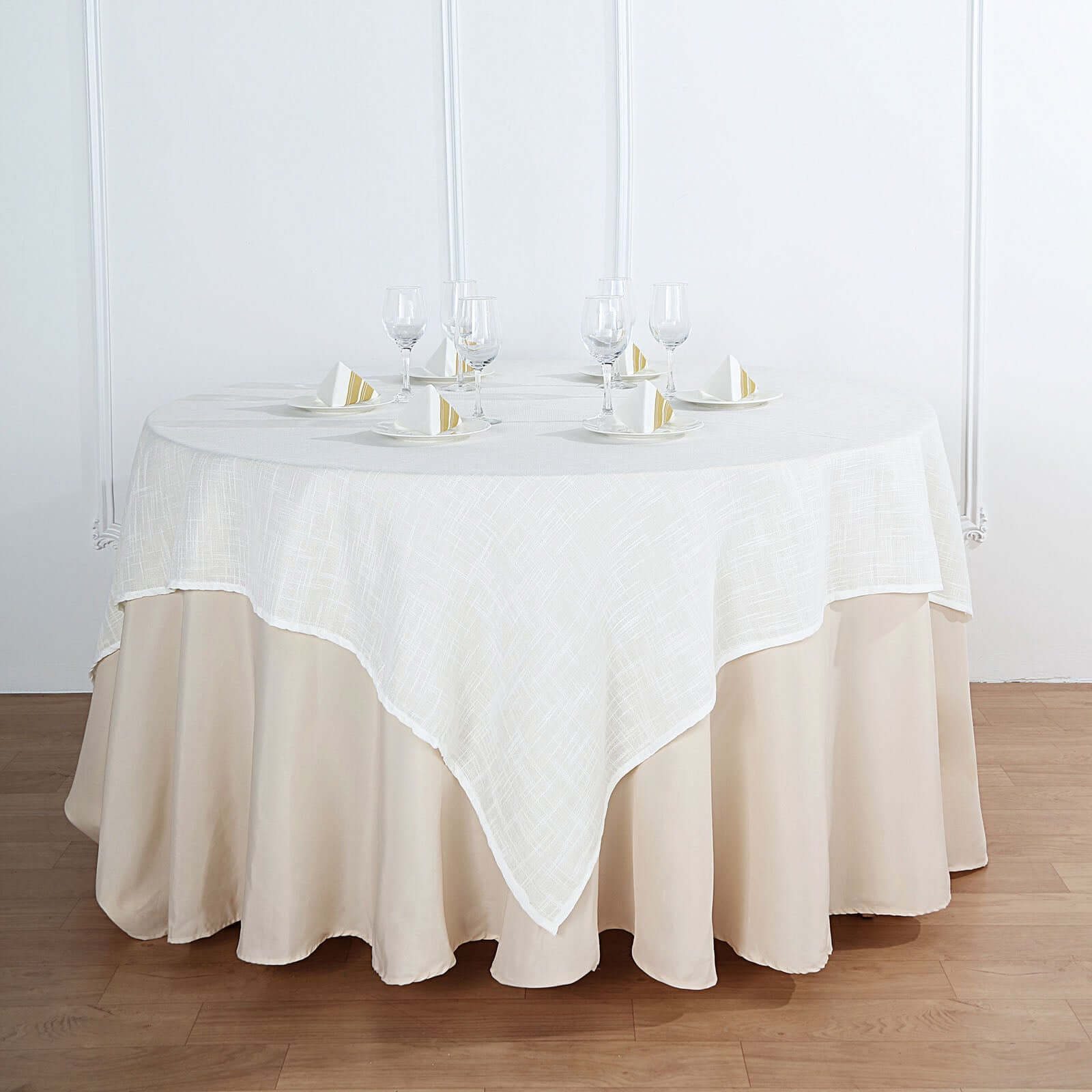 Hot Deal! White 72x72 Slubby Faux Linen Square Table Overlay - Wrinkle-Resistant for Stylish Events