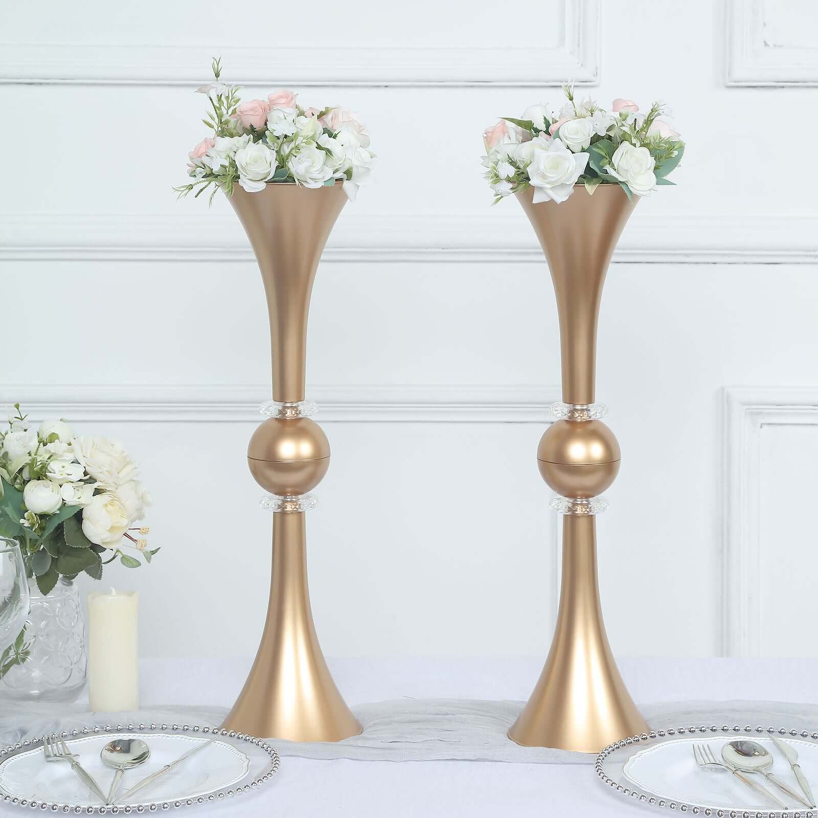 Hot Deal! 2-Pack Gold Reversible Plastic Trumpet Flower Vases with Crystal Embellishments, 21