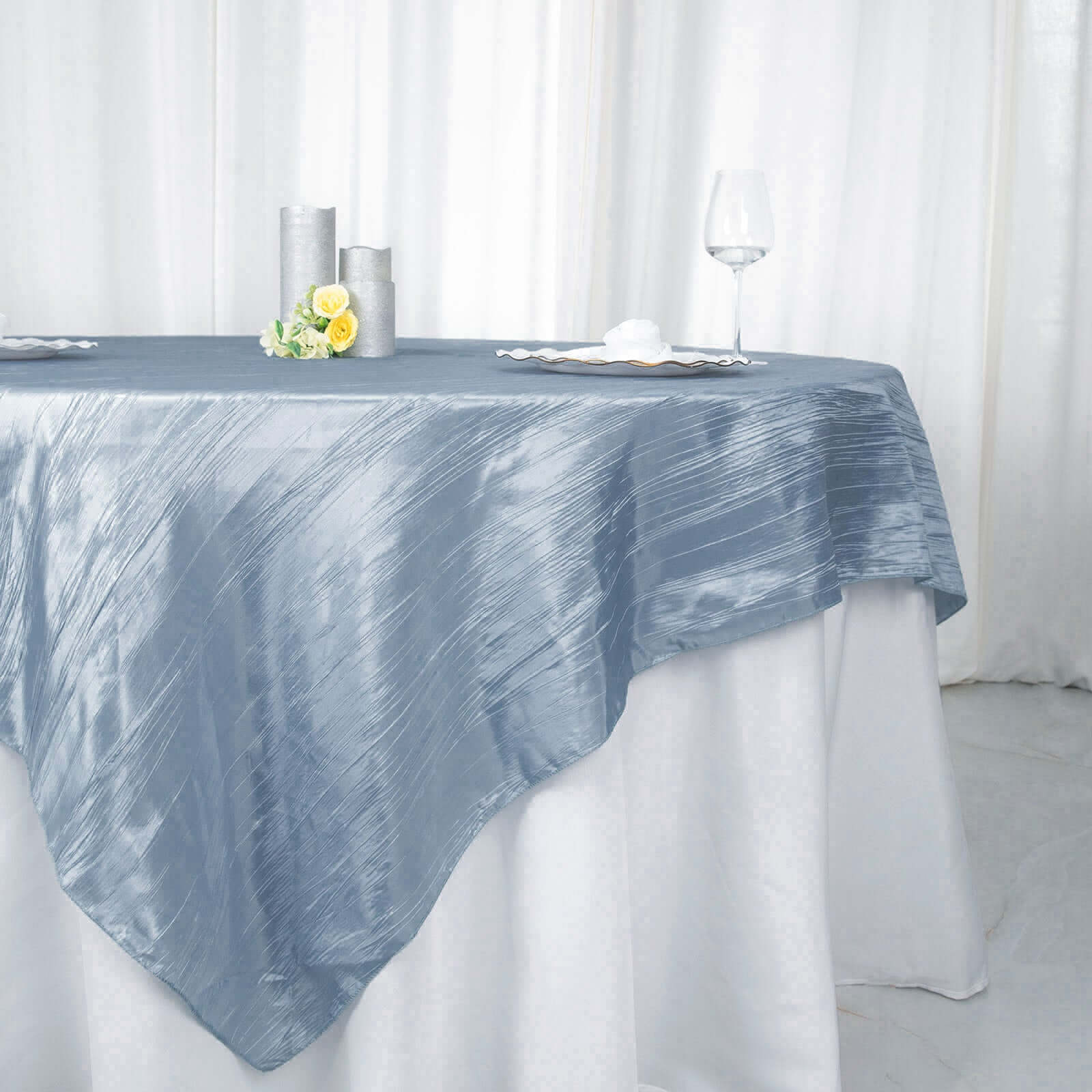 Dusty Blue Accordion Crinkle 90x90 Square Taffeta Table Overlay