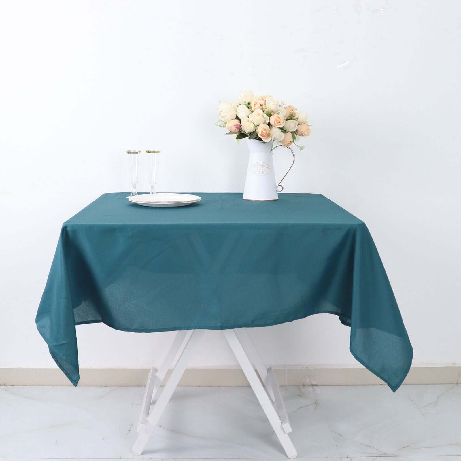Wrinkle-Resistant & Durable 54x54 Polyester Square Tablecloth in Peacock Teal - Ideal for Events