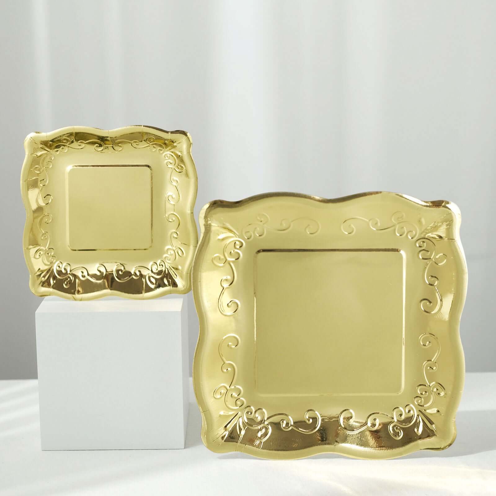 25-Pack Disposable Gold Square Dinner Plates with Vintage Pottery Embossed Design for Glamorous Events
