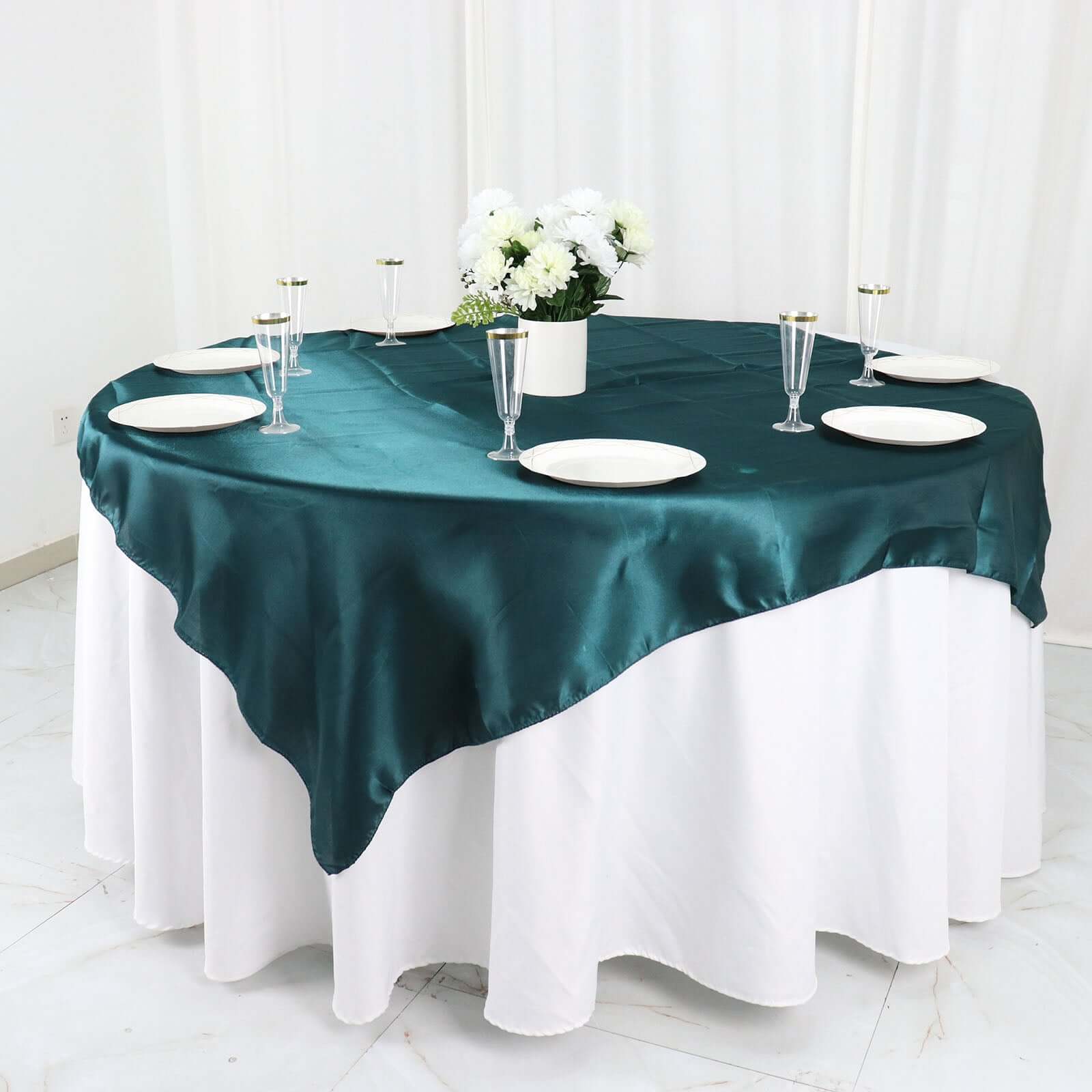 Peacock Teal Satin 60x60 Square Table Overlay with Smooth Silky Touch