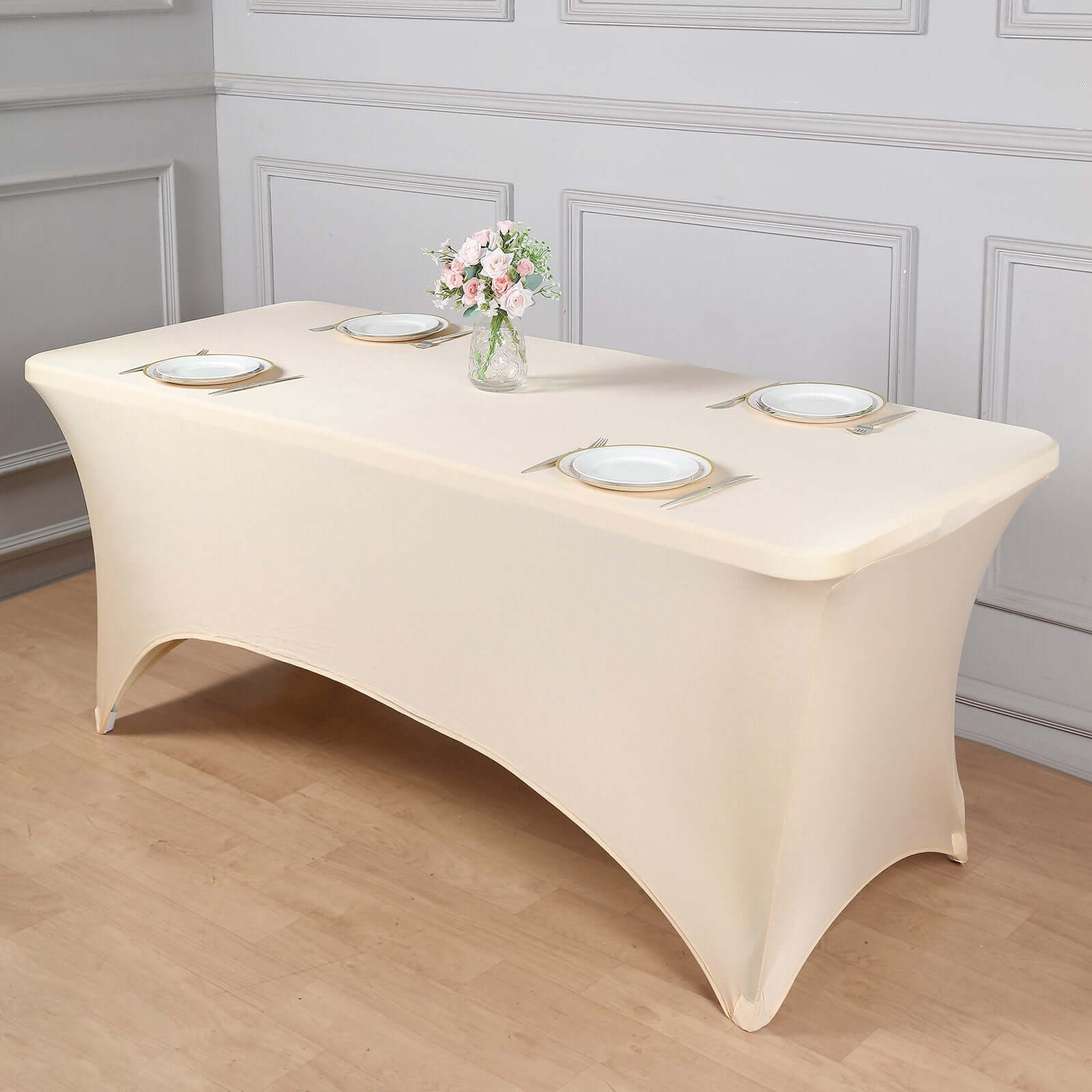 Durable Beige Stretch Spandex 6ft Rectangle Tablecloth for Events