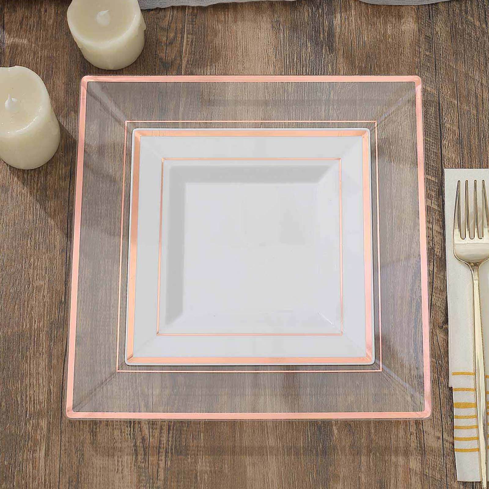 10-Piece Set of Durable Disposable White Square Salad & Dessert Plates with Rose Gold Trim, 7 Inches