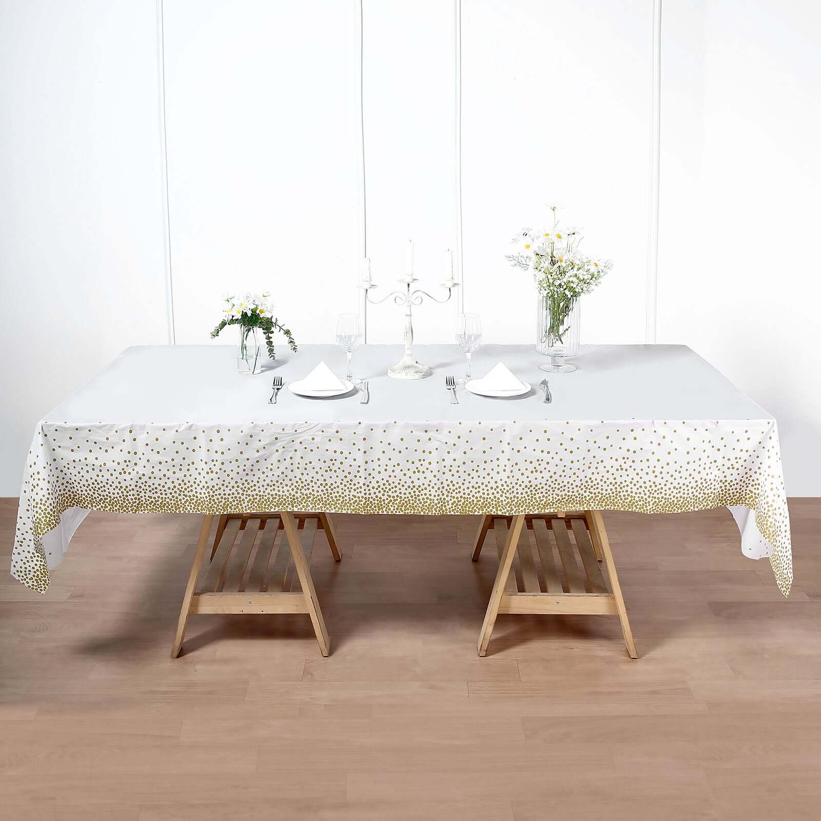 5-Pack Disposable PVC White Rectangle Table Covers with Gold Confetti Dots - Ideal for Events