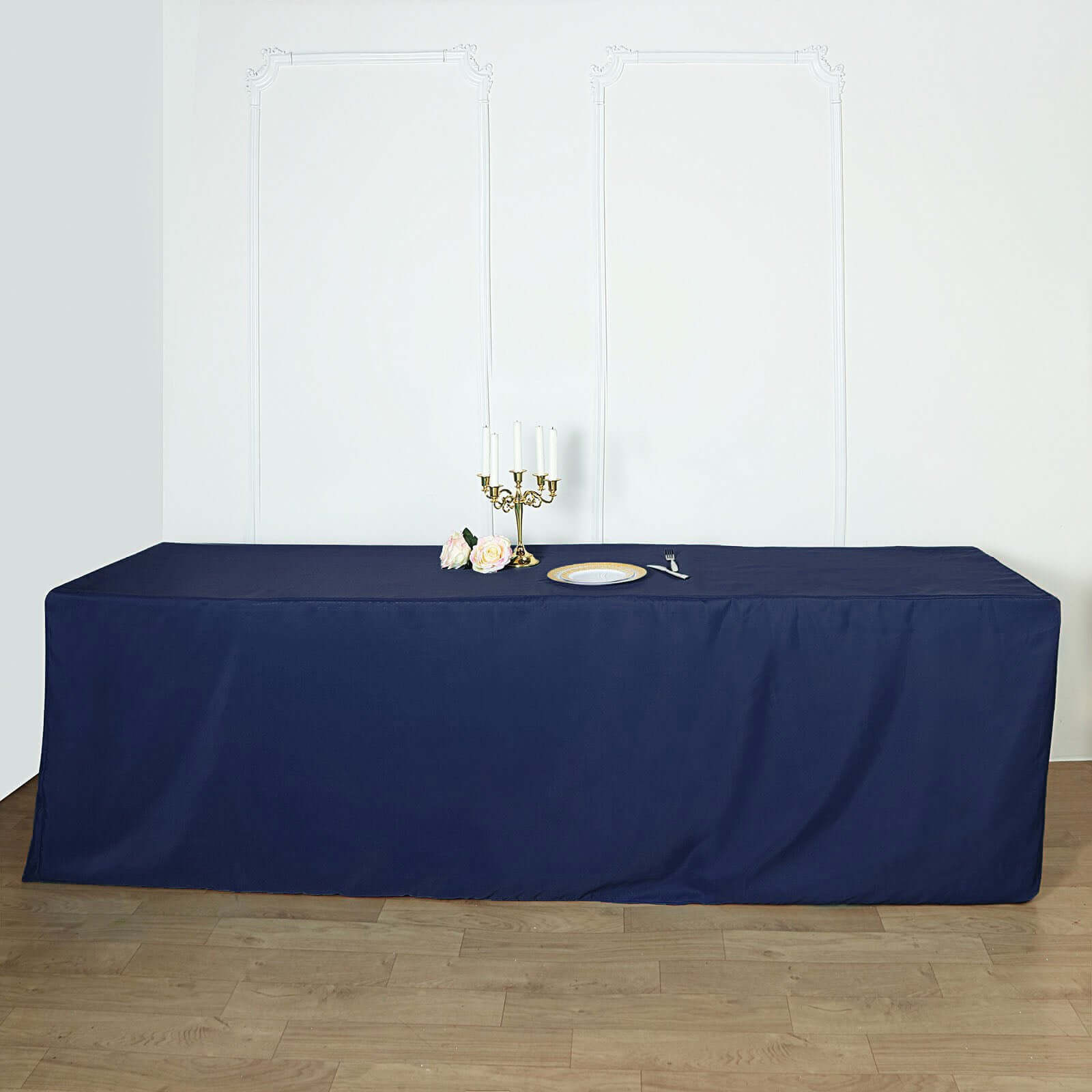 Navy Blue Durable Polyester Fitted Tablecloth for 8FT Rectangle Tables - Easy to Maintain