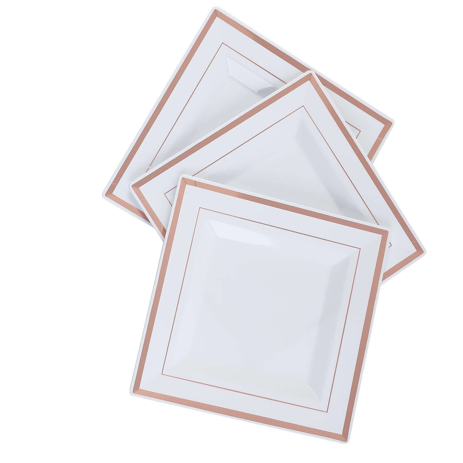 10-Piece Set of Durable Disposable White Square Salad & Dessert Plates with Rose Gold Trim, 7 Inches