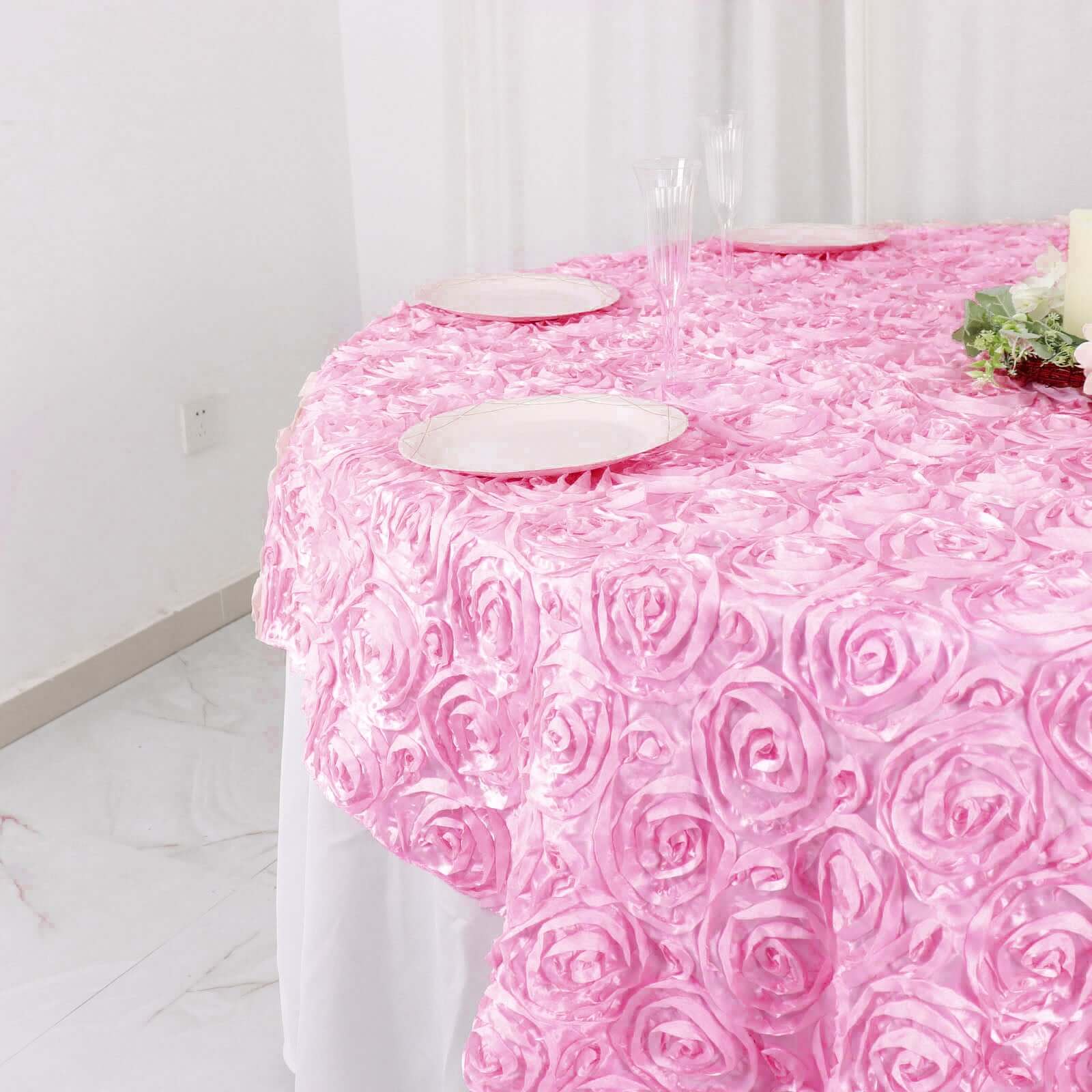Pink 72x72 Satin Square Table Overlay with 3D Rosette Design