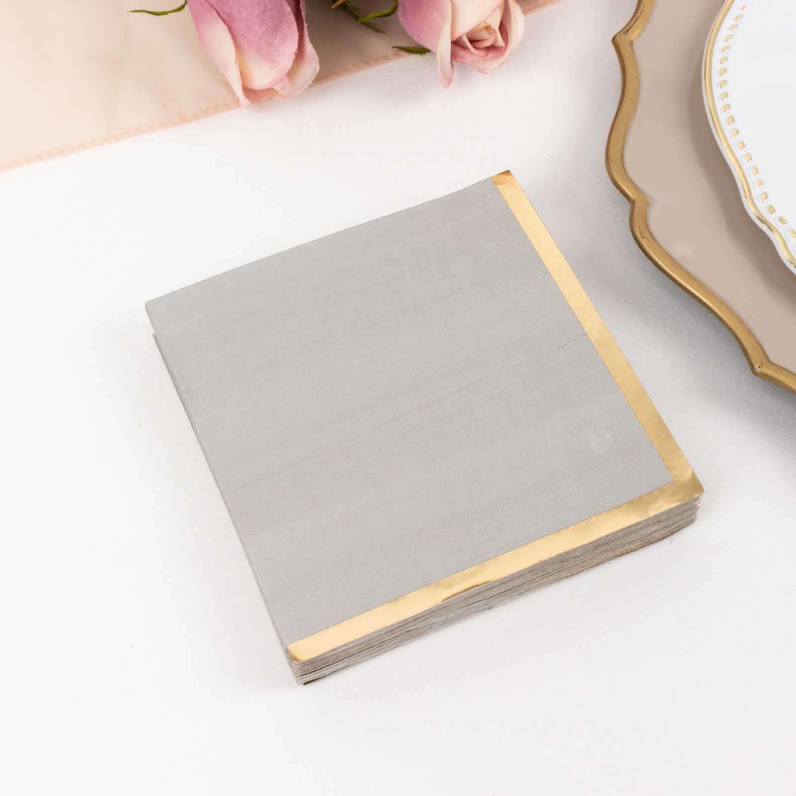 50-Pack 2-Ply Disposable Gray Cocktail Napkins with Gold Foil Edge - Soft 18GSM