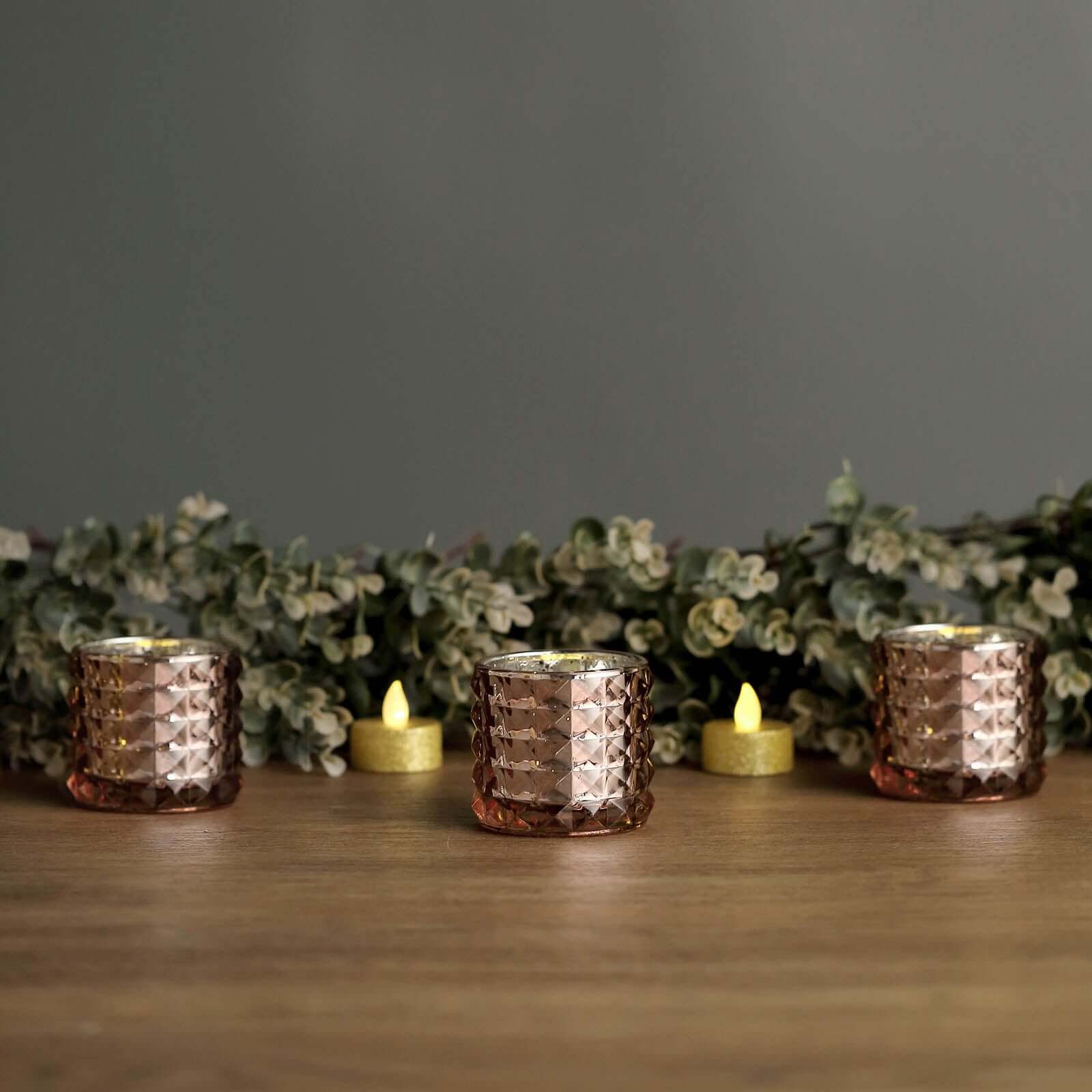 Hot Deal! 6-Pack Rose Gold Studded Faceted Mercury Glass Tealight Candle Holders