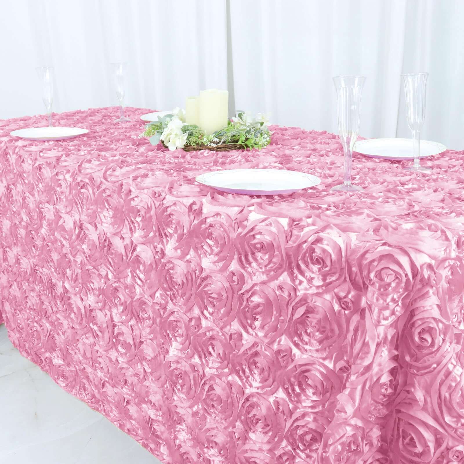 Hot Sale! Pink Satin 90x132 Rectangle Tablecloth with 3D Rosette Design