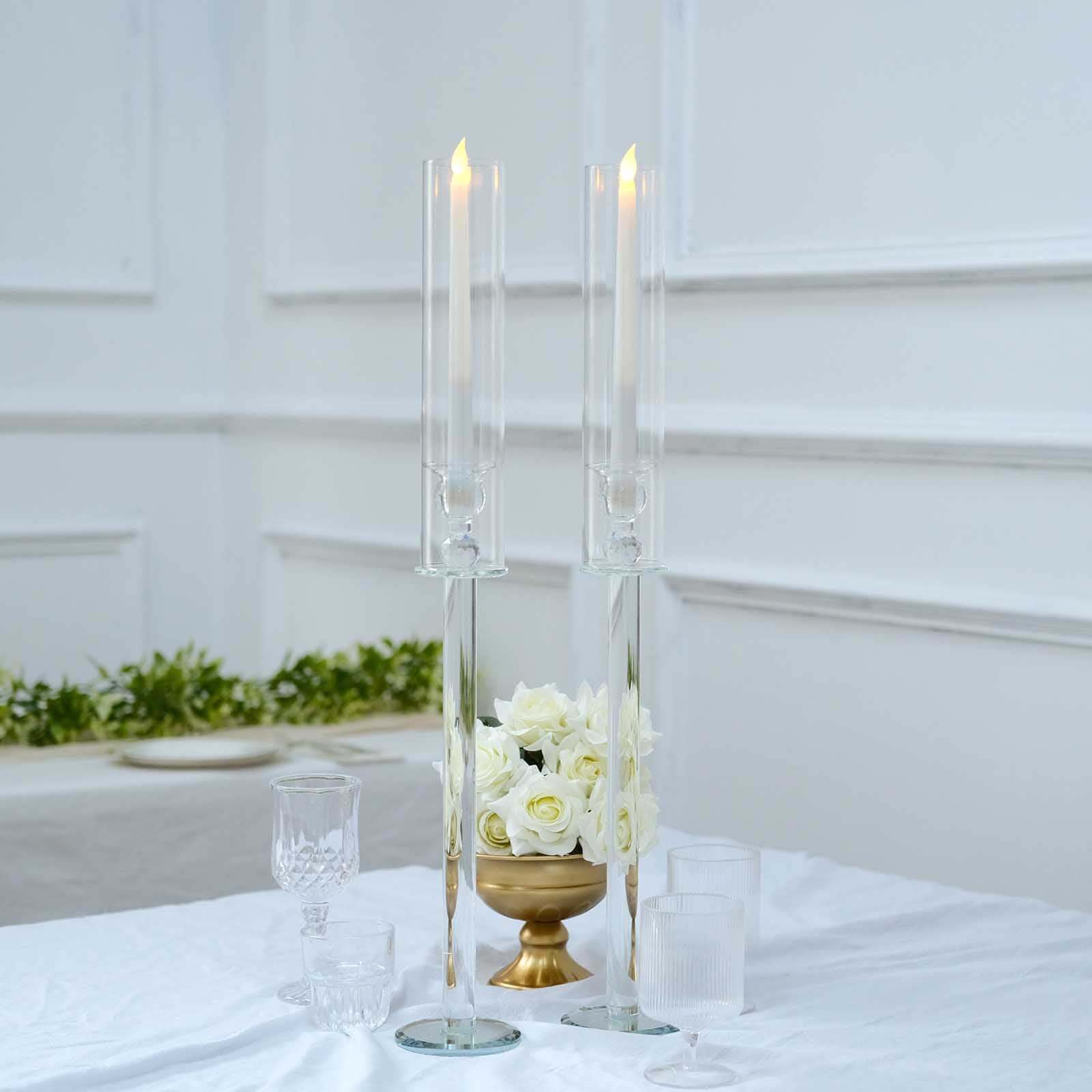 2-Pack Tall Clear Crystal Glass Hurricane Taper Candle Holders, Decorative 26-Inch Stands