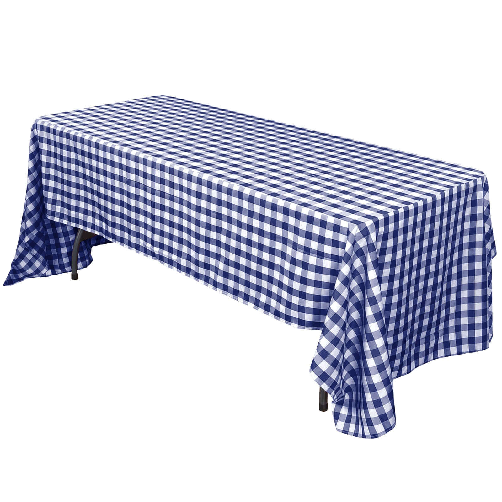 White/Navy Blue Checkered Buffalo Plaid Polyester Tablecloth - 60x102, Ideal for Events