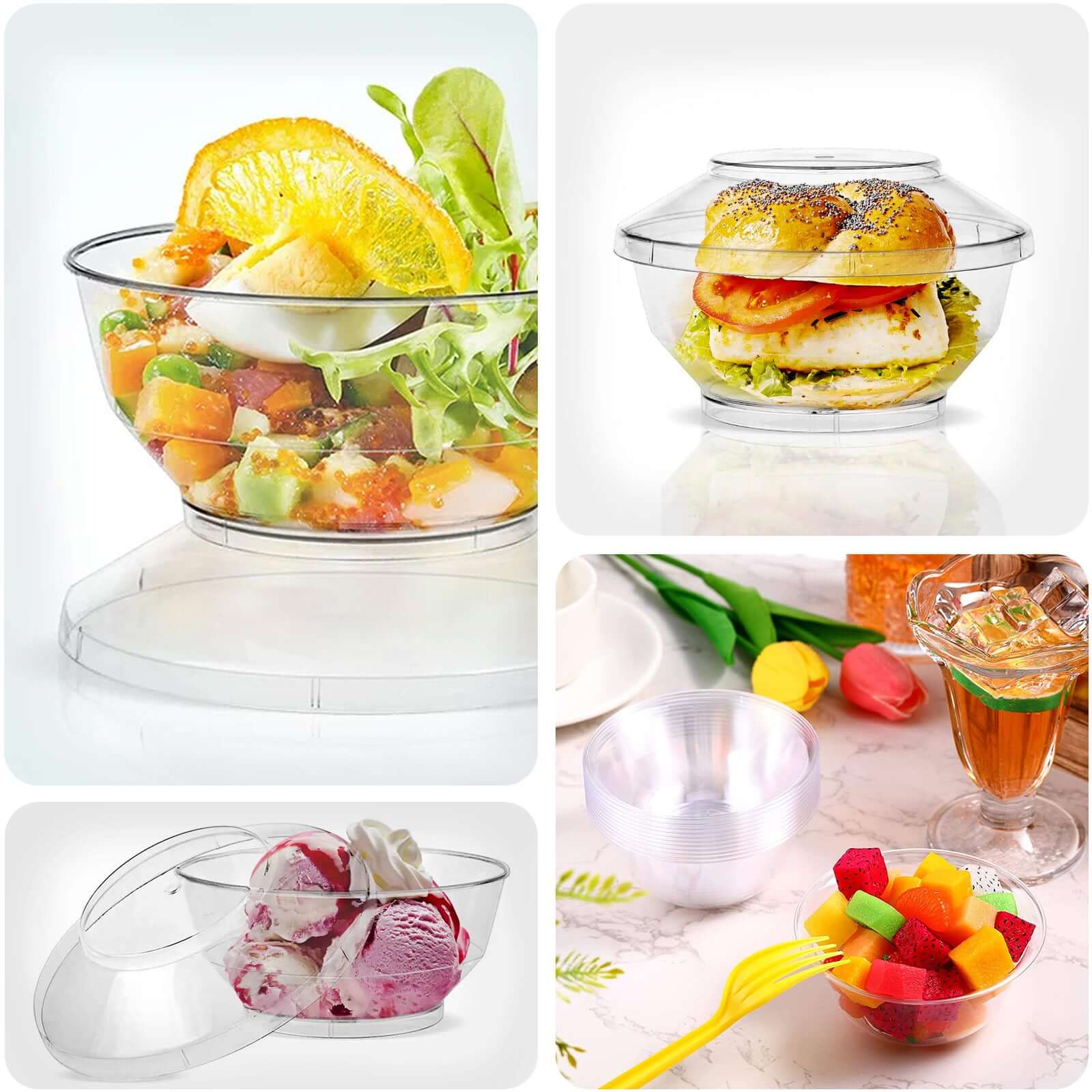 24-Piece Clear Plastic Mini Party Bowl Set with Lid and Spoon - 3.5oz Ideal for Desserts