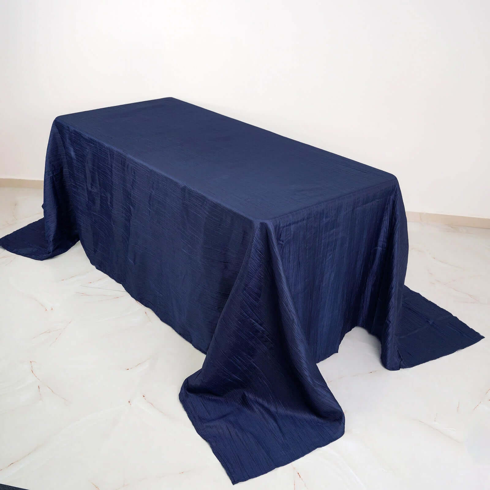 Navy Blue Crinkle Taffeta Rectangle Tablecloth (90x132) - Seamless & Stylish for Events
