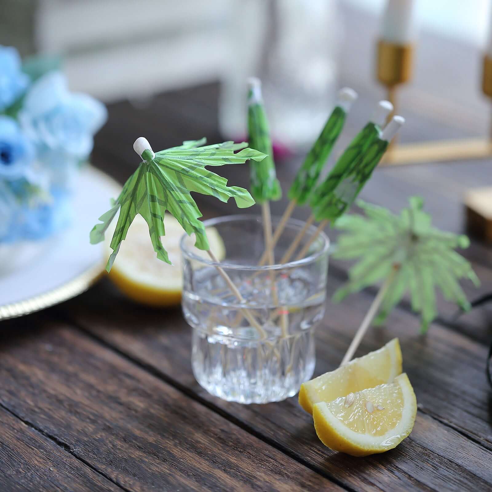 Eco-Friendly 50-Pack Green Bamboo Cocktail Picks with Tropical Leaf Parasol Design