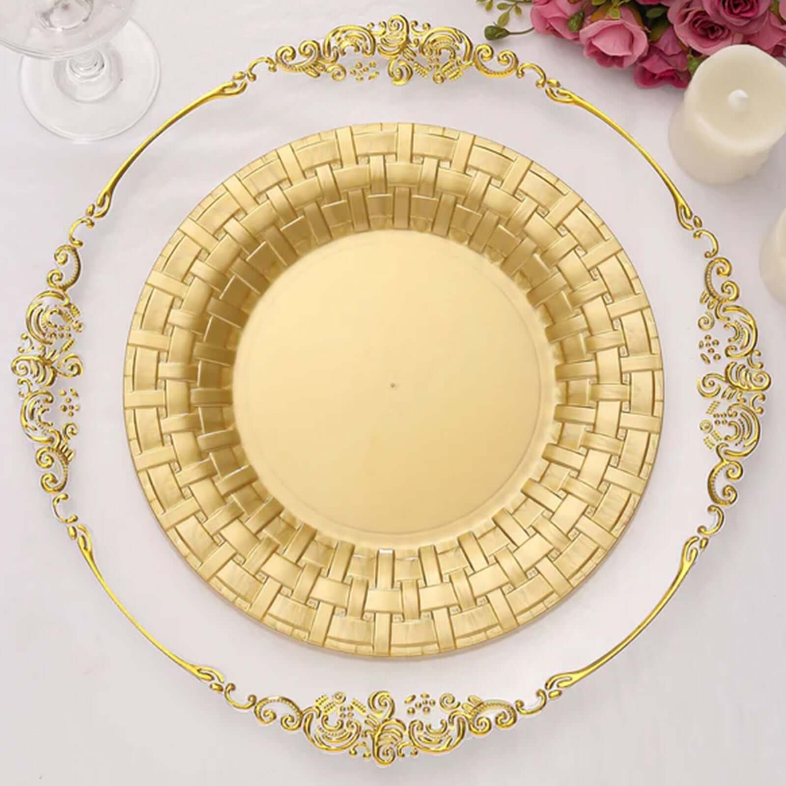 Hot Deal! 10-Pack Gold Basketweave Rim Disposable Plastic Dinner Plates (10