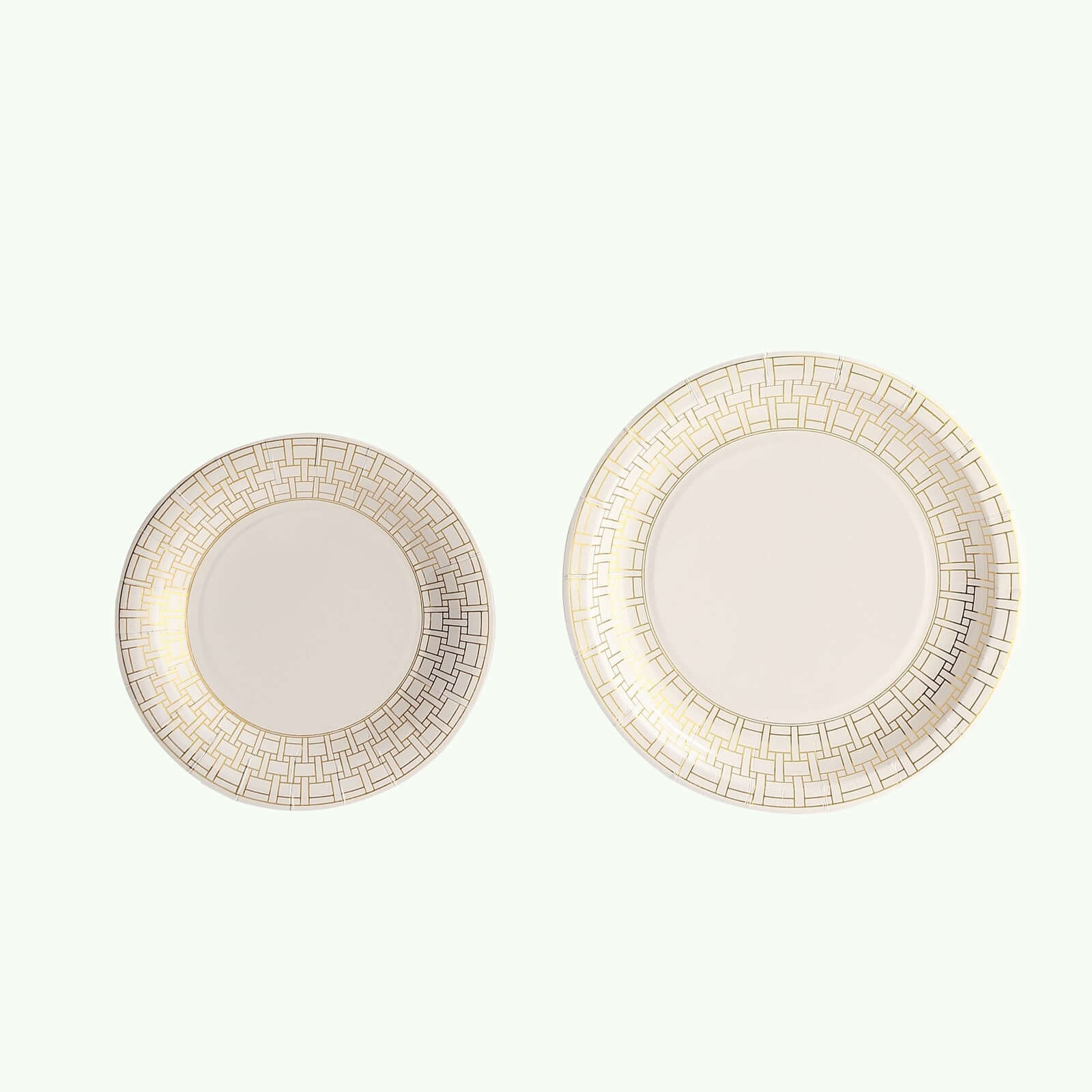 25-Piece Set of White Round Dessert Paper Plates with Elegant Gold Basketweave Rim
