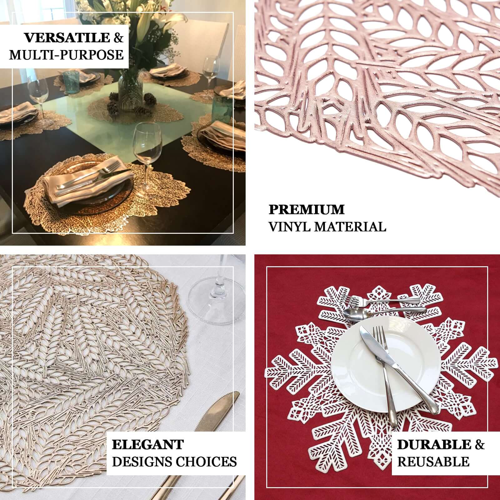 6-Piece Rose Gold Floral Round Non-Slip Vinyl Dining Table Mats, 15 Inches